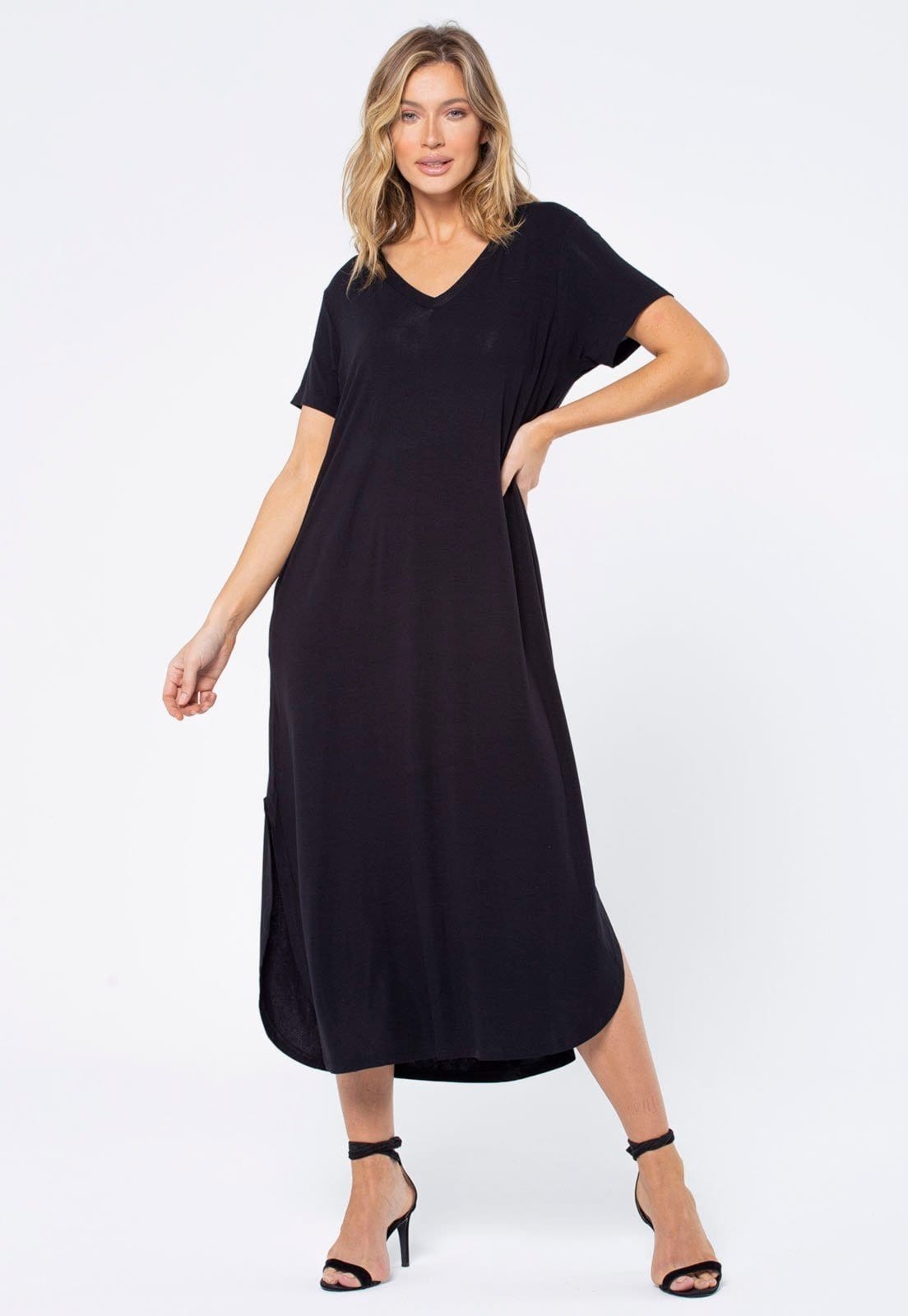 Vista 2 Vestido Midi Amazonia Vital Malha Manga Curta com Bolso Amazonia Vital preto