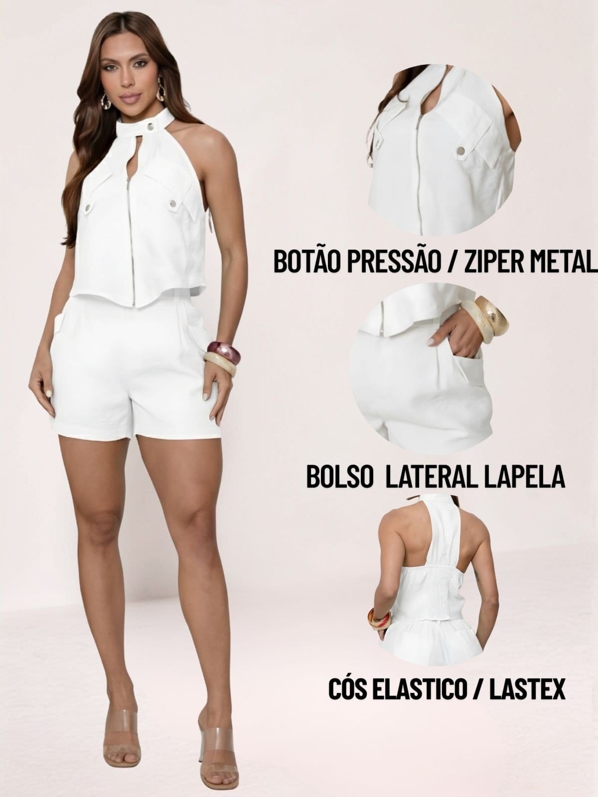 Vista 2 Conjunto Curto Tropical Fashion Blusa Gola e Shorts TROPICAL FASHION branco