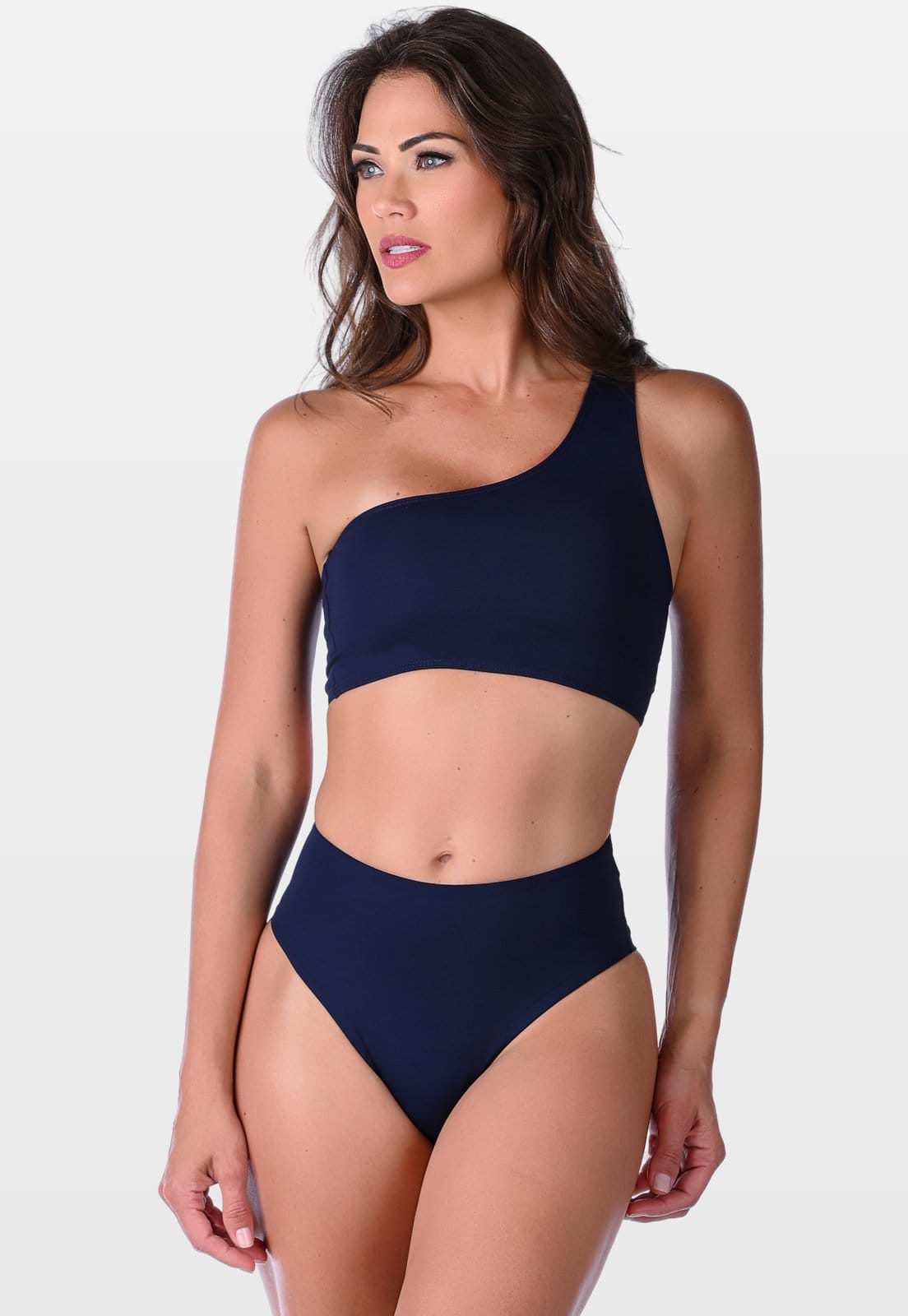 Biquíni Summer Soul Um Ombro Só Sem Bojo Fio Dental Duplo Cintura Alta Azul Escuro