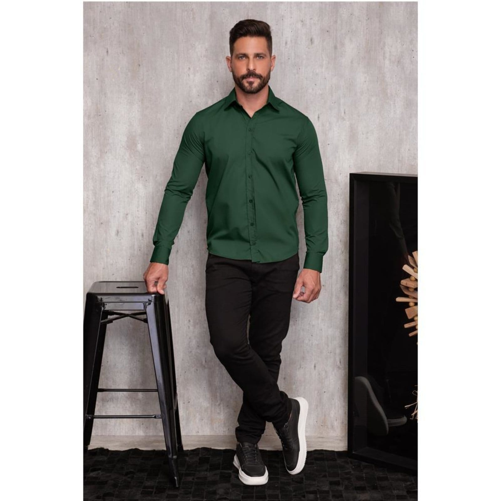 Vista 2 Camisa Social Masculina Slim Manga Longa Lisa Não Amassa Amarelo TEODORO CAMISARIA verde