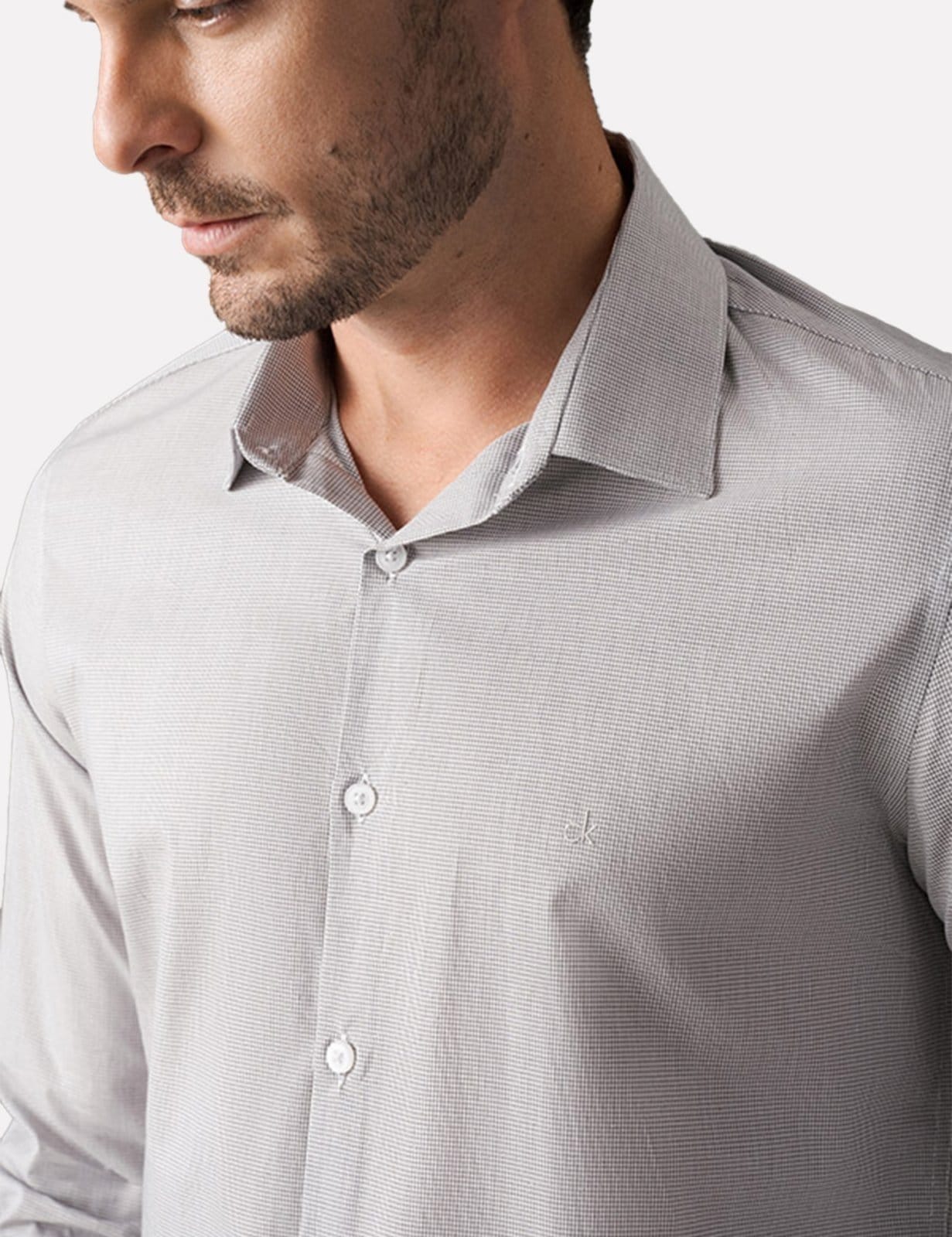 Vista 2 Camisa Calvin Klein Masculina Slim Fit ML Fio 60 Quadriculado Branca/Preta Calvin Klein branco