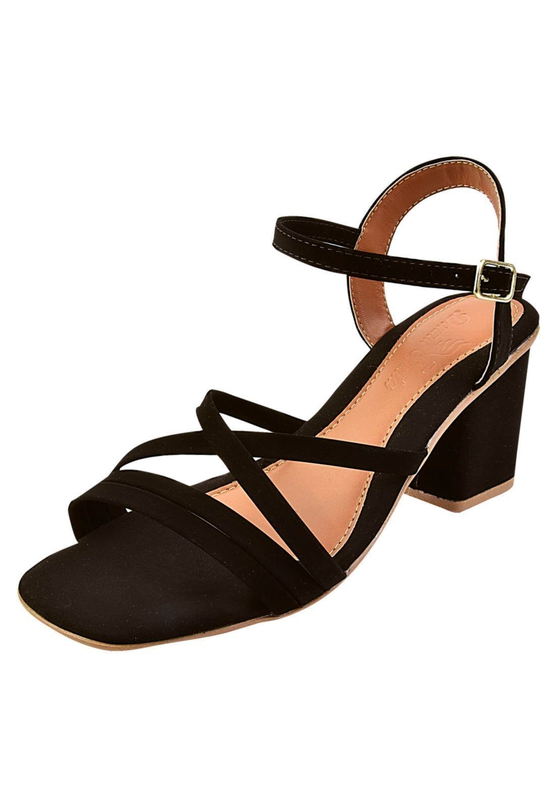Vista principal Sandália Salto Bloco Quadrado Donna Santa Tiras Finas Cruzadas Preta Donna Santa preto
