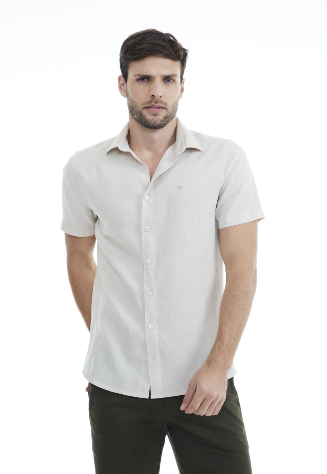 Vista 2 Camisa Linho Traymon Slim Manga Curta Natural Traymon bege natural