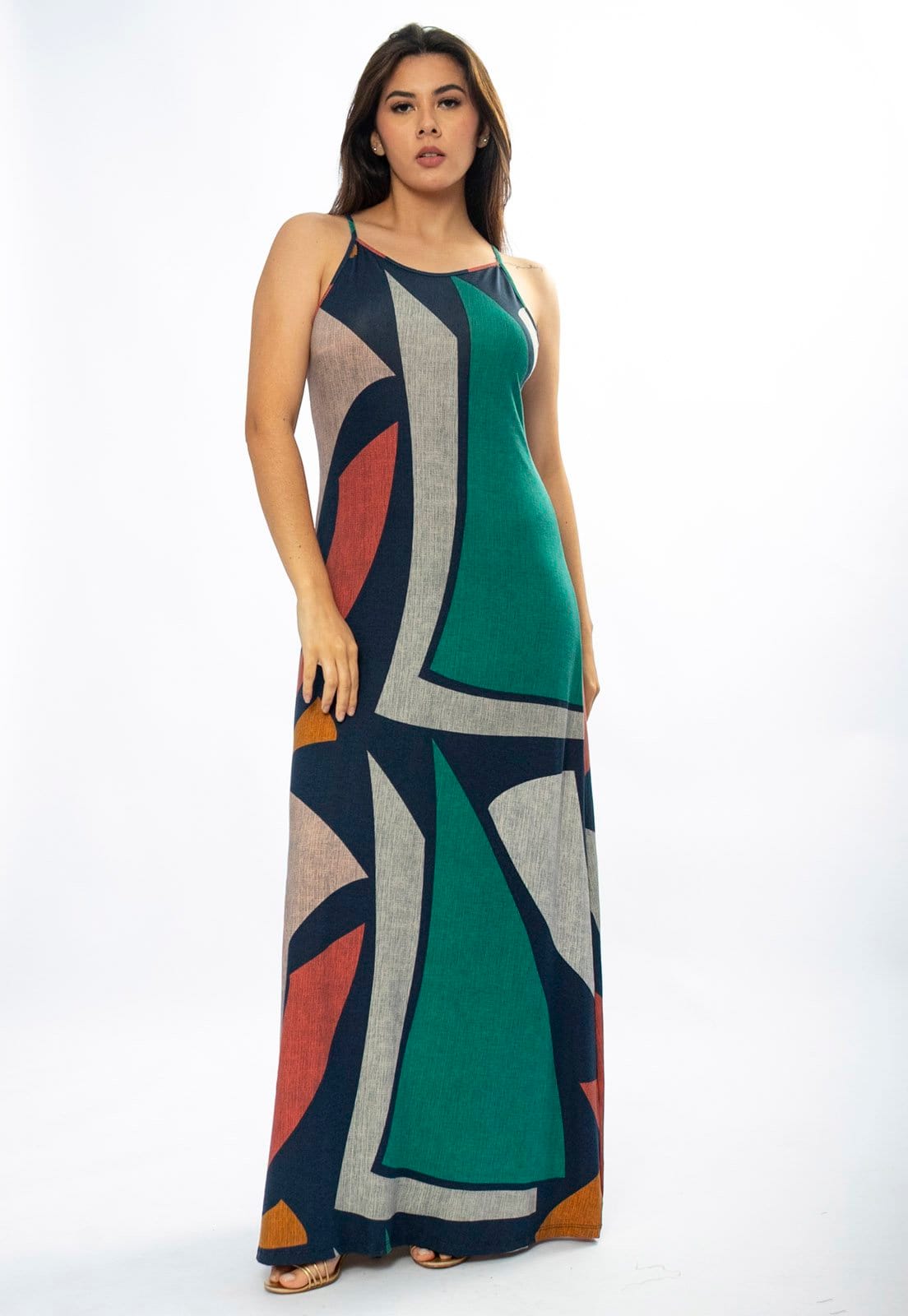 Vestido Longo Amazônia Vital Malha Trapézio Estampa Geometrias do Tempo