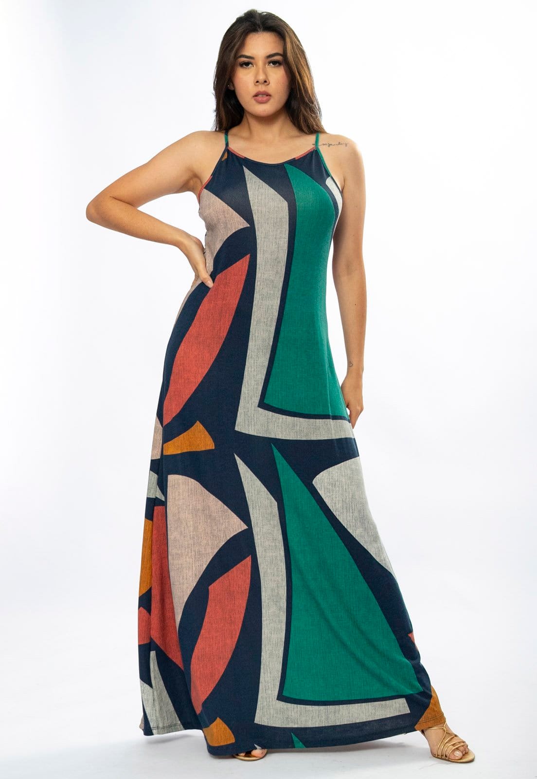 Vista 2 Vestido Longo Amazônia Vital Malha Trapézio Estampa Geometrias do Tempo Amazonia Vital azul marinho/cinza/vermelho