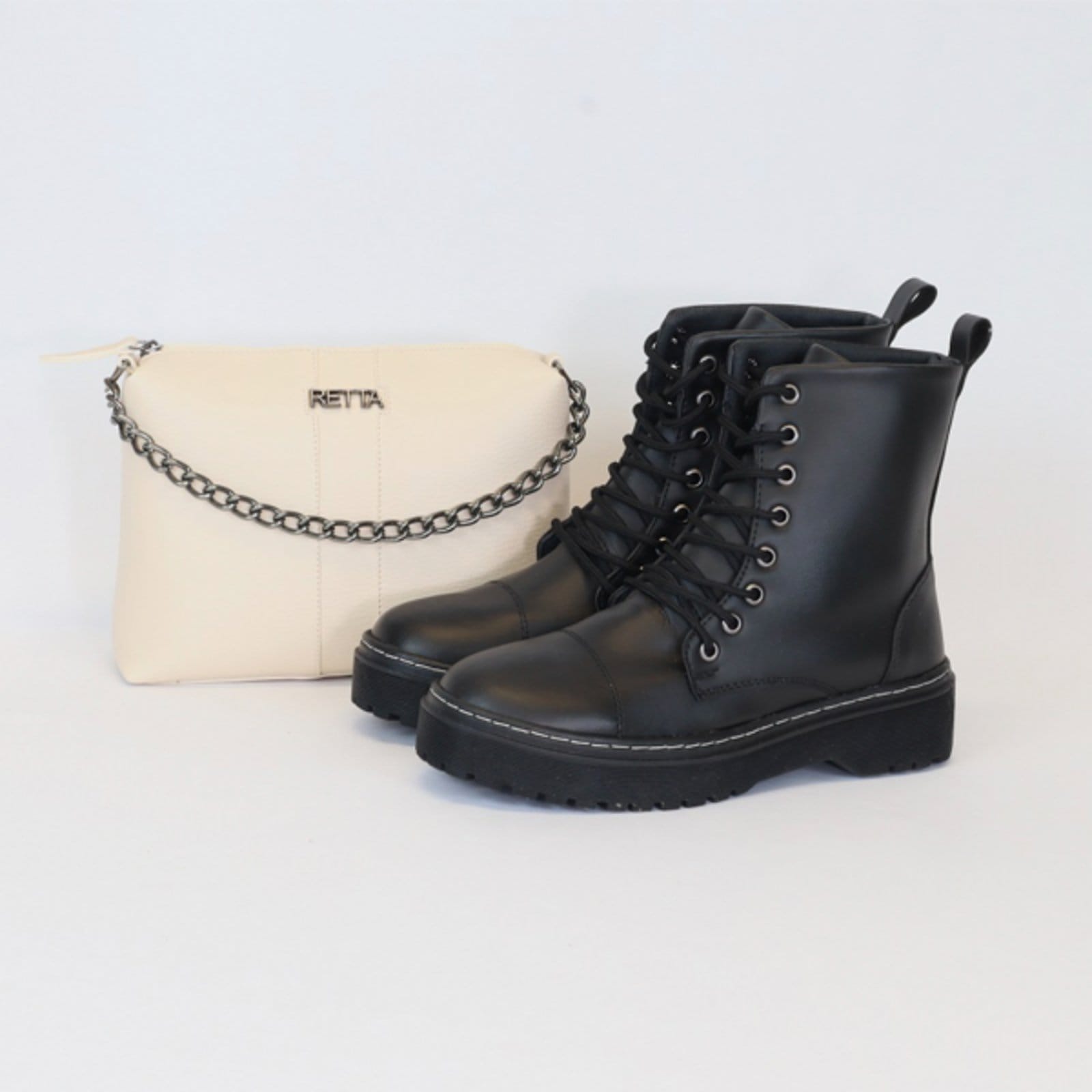 Vista 2 Kit Retta Bota Coturno e Bolsa Transversal Marfim Retta Shoes off-white