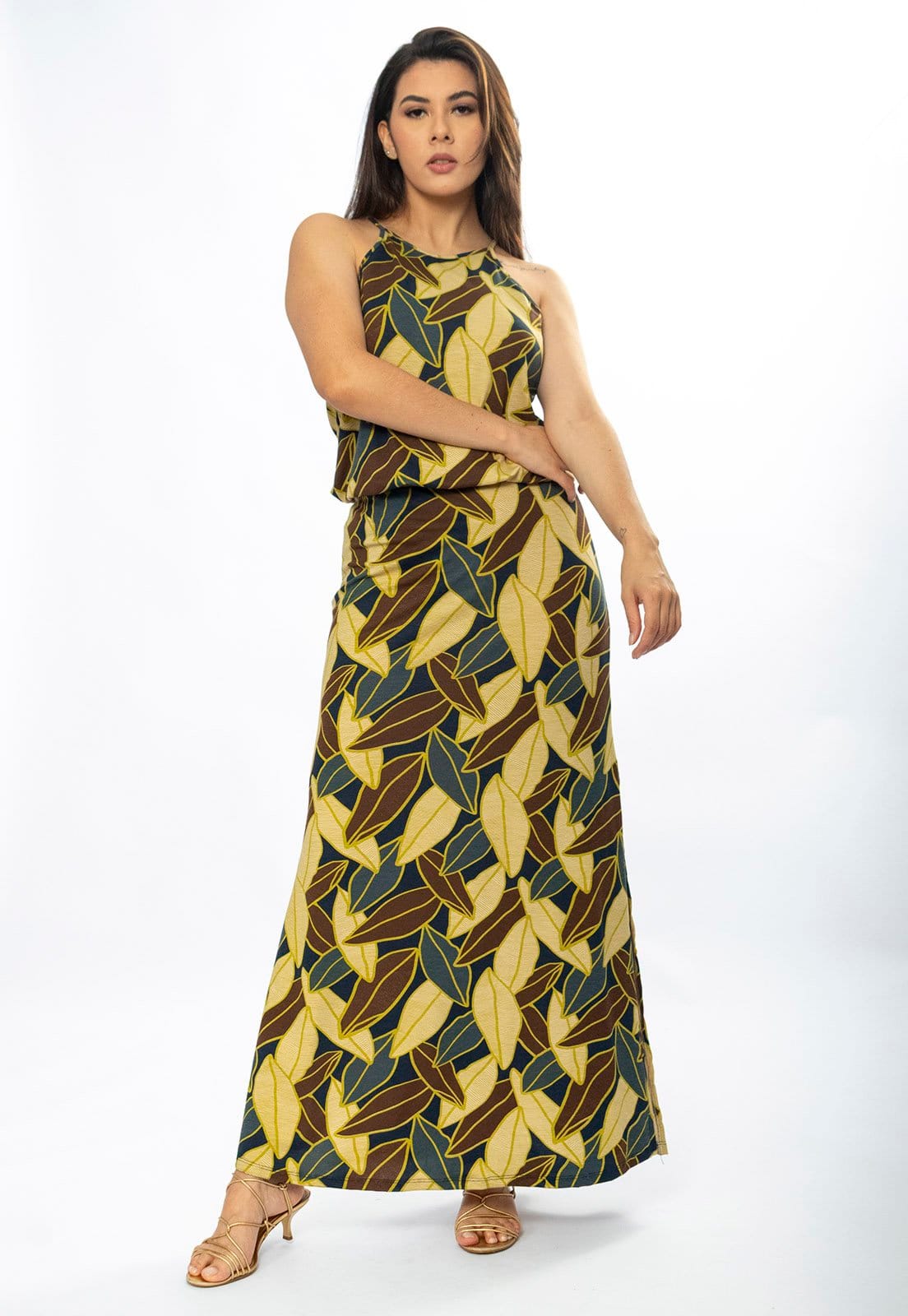 Vista 2 Vestido Longo Cabanafree Malha Trapézio com Elástico na Cintura Folhas de Outono Cabanafree estampado/verde