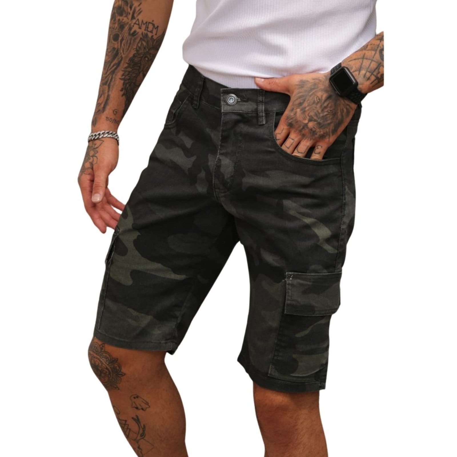 Vista principal Bermuda Militar Camuflada Cargo Masculina Alleppo Jeans camuflado/verde/verde militar verde