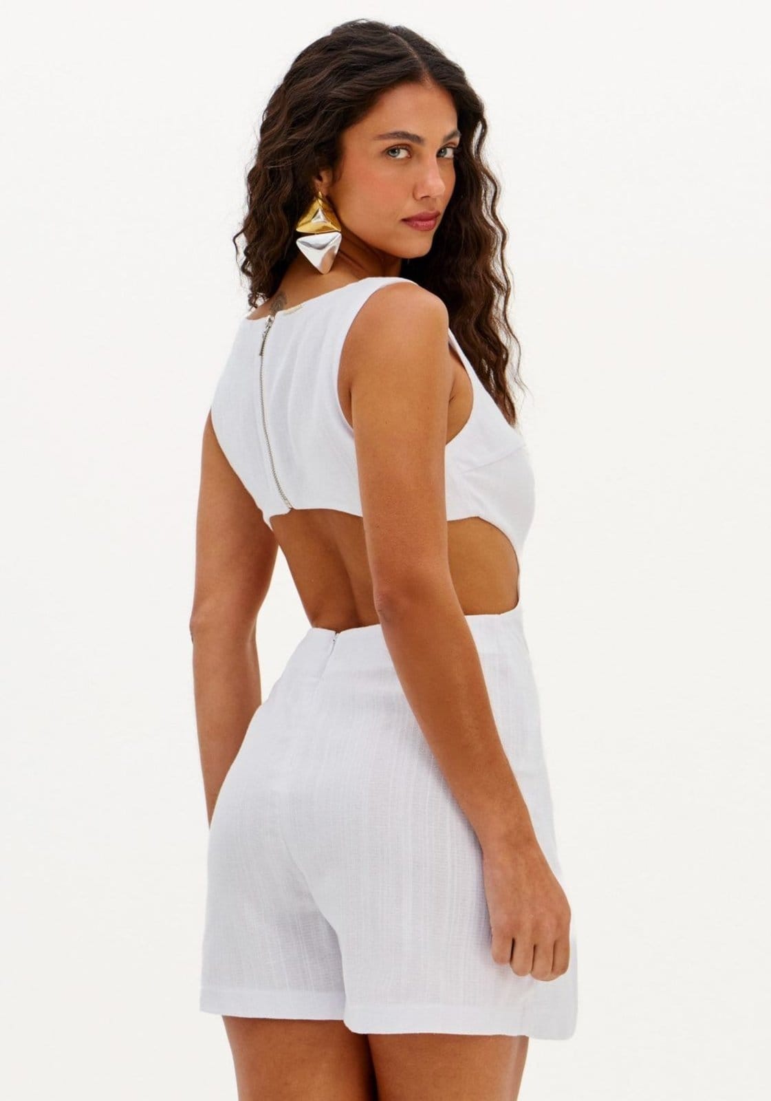 Vista 2 Macacão Curto Sem Manga Com Linho My Favorite Things branco