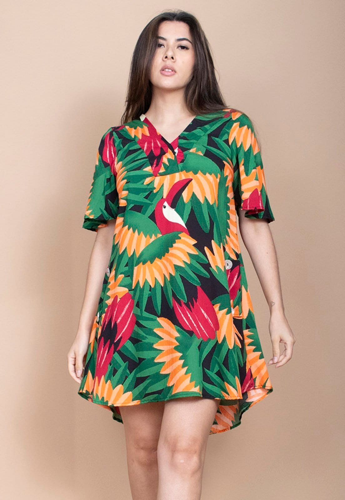 Vista principal Vestido Curto Cabanafree Pataxô Viscose Mullet Decote V Festa dos Tucanos Cabanafree estampado/laranja/preto/vermelho