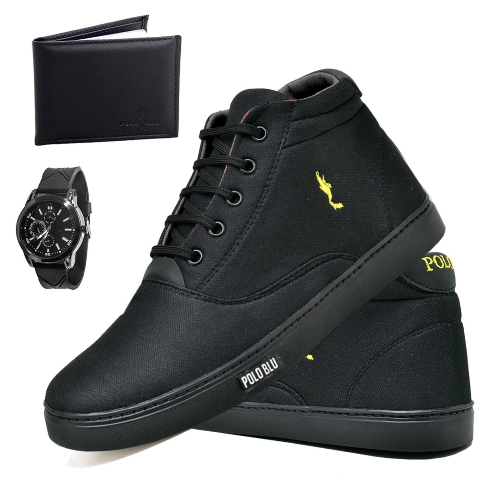 Tênis Masculino Polo Blu Cano Alto Botinha Leve com Preto Relógio + Carteira