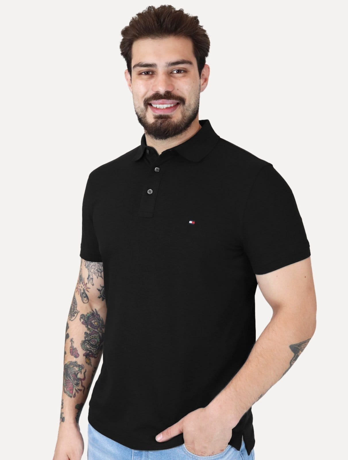 Polo Tommy Hilfiger Masculina Slim Piquet 1985 Preta