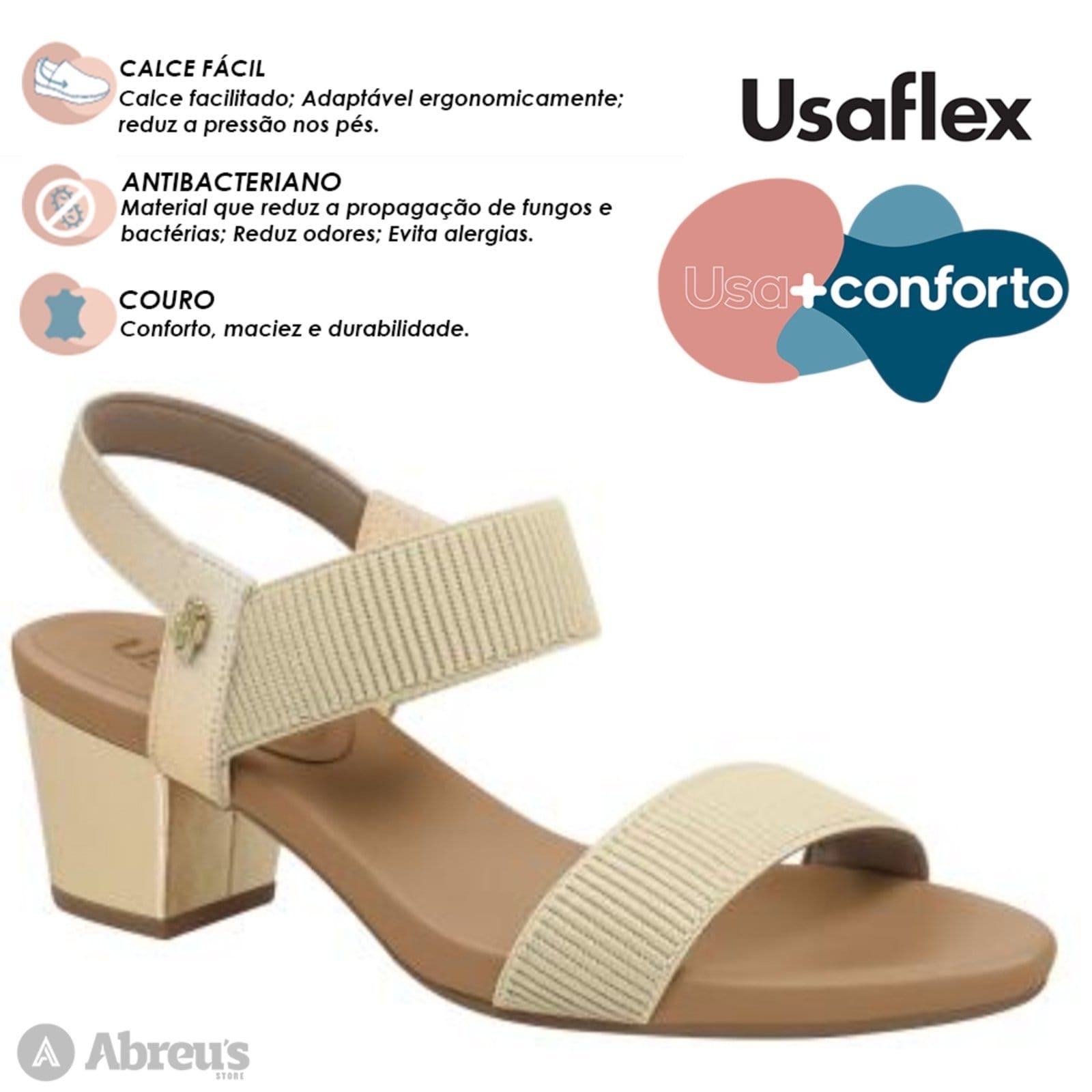 Vista 2 Sandália Salto Bloco Usaflex Elástico Y8204 Conforto Dourada Usaflex prata velho