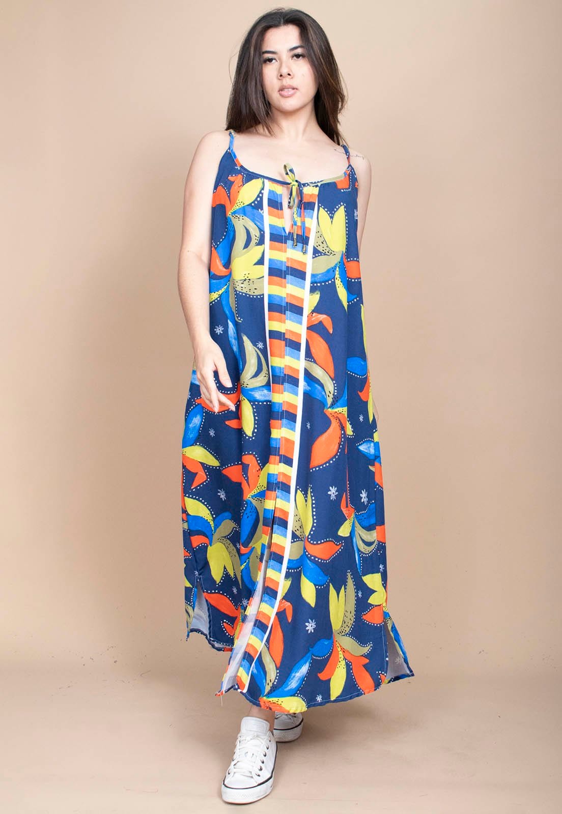 Vista principal Vestido Longo Cabanafree Caçuá Viscose Alça Fina Estampa Maré Vibrante Cabanafree amarelo/estampado/laranja/verde