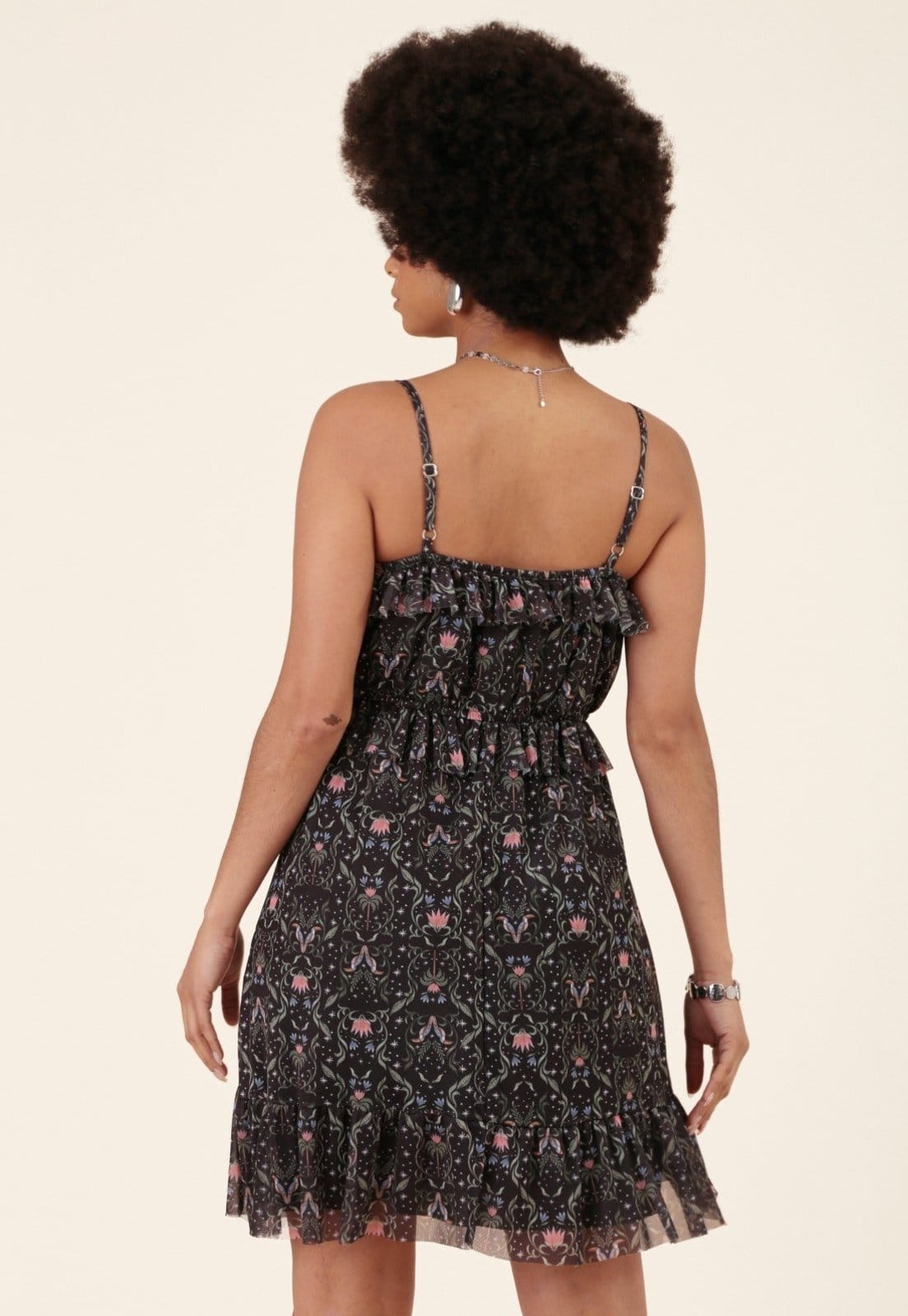 Vista 2 Vestido Curto Pop Me Em Tule Estampado Tucano Tropical Pop Me preto