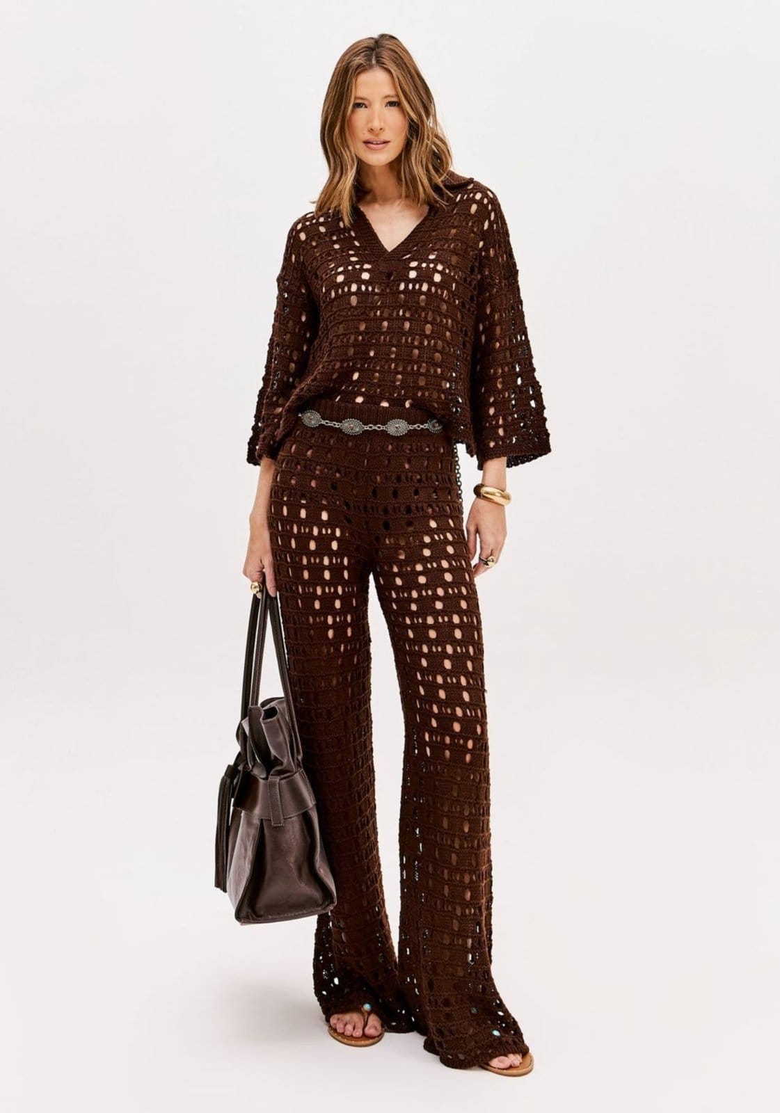 Calça Reta De Tricô Cintura Alta