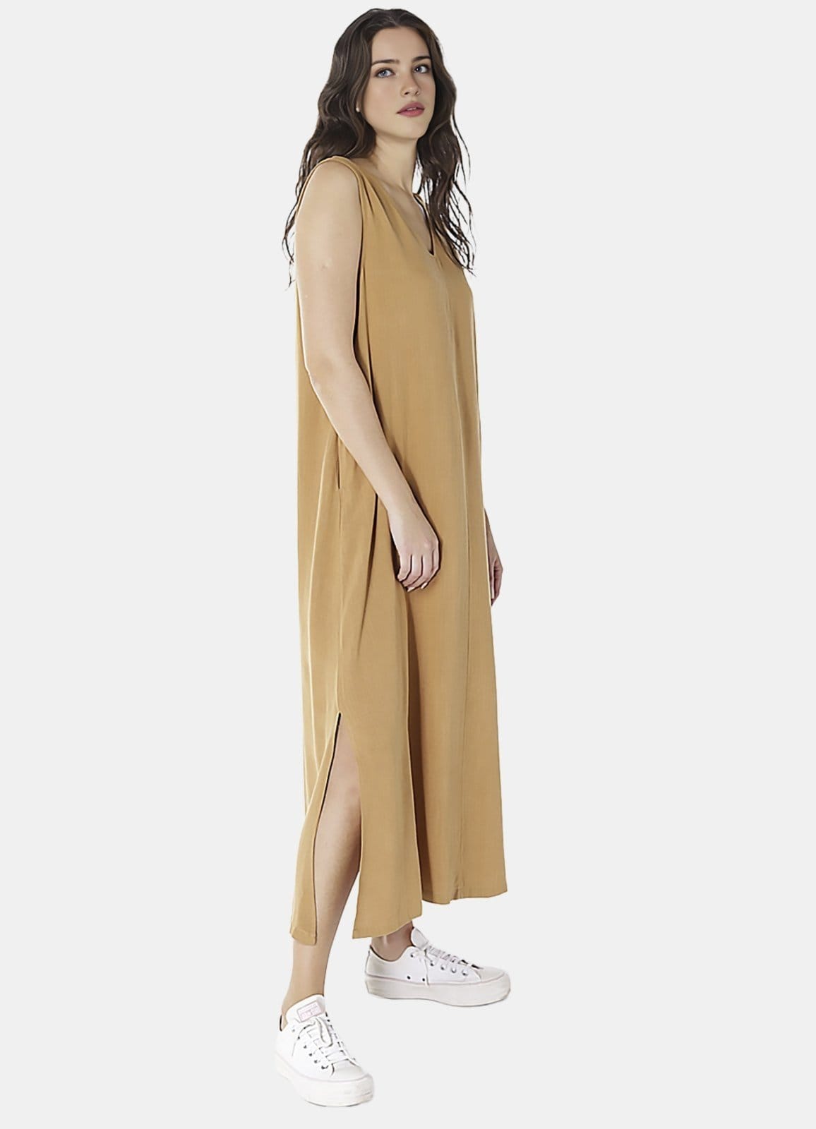 Vista 2 Vestido Longo de Linho Terracota Gola V com Bolsos SOB marrom