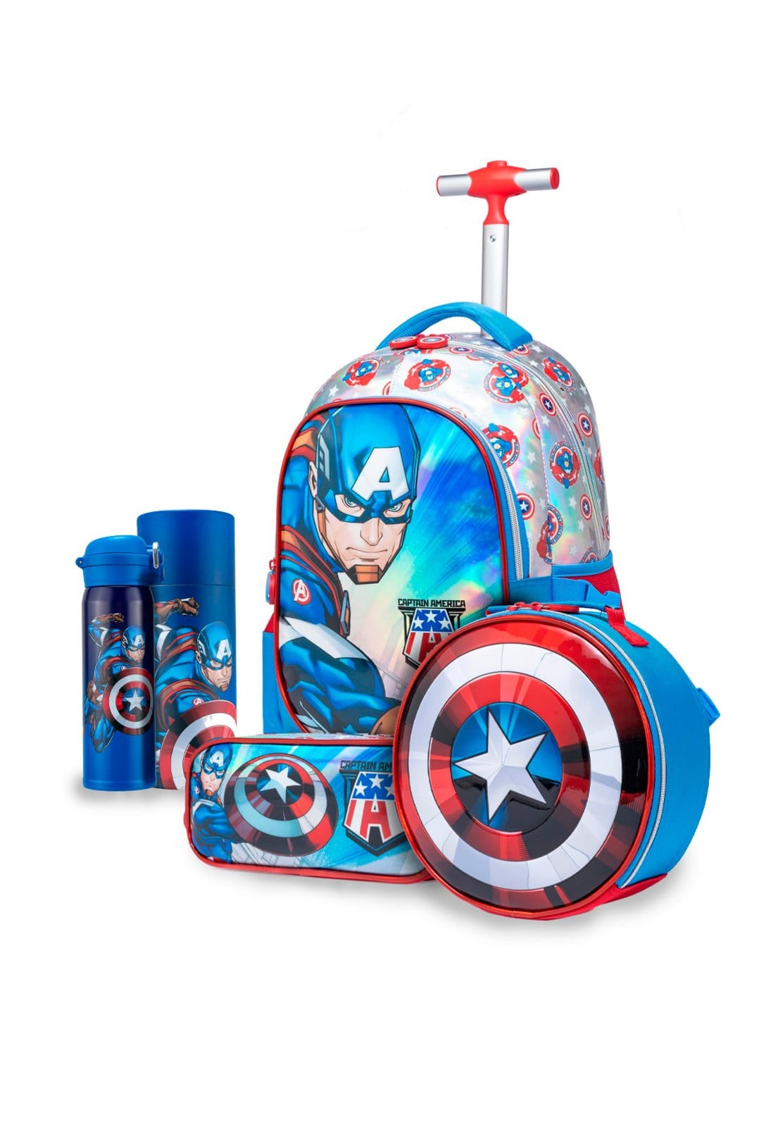 Infantil - Kit Mochila Lancheira Estojo Garrafa Escolar Capitão America