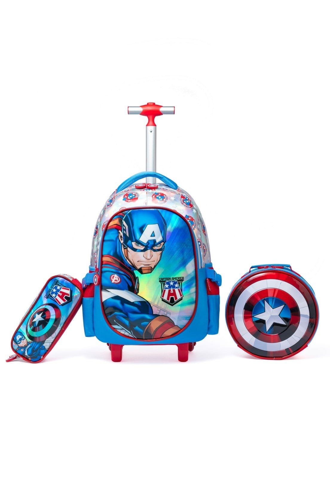 Vista 2 Infantil - Kit Mochila Lancheira Estojo Garrafa Escolar Capitão America Marvel azul
