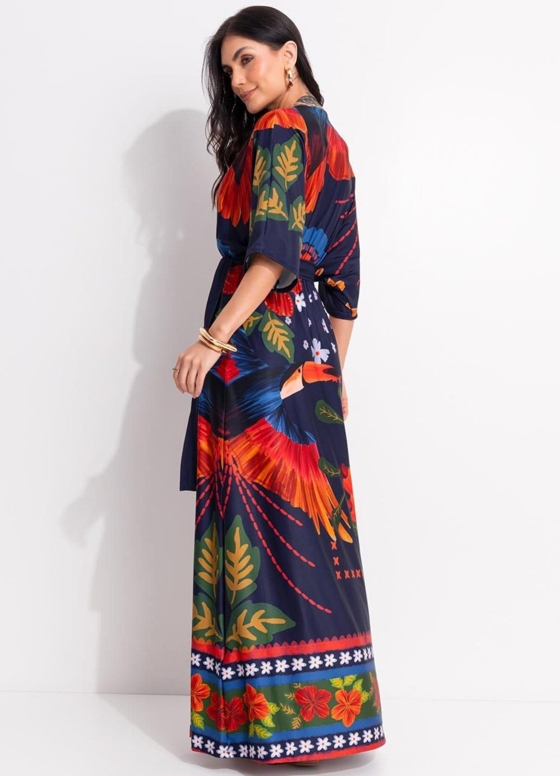 Vista 2 Vestido Em Malha Fria Quintess Encanto Tropical Quintess azul