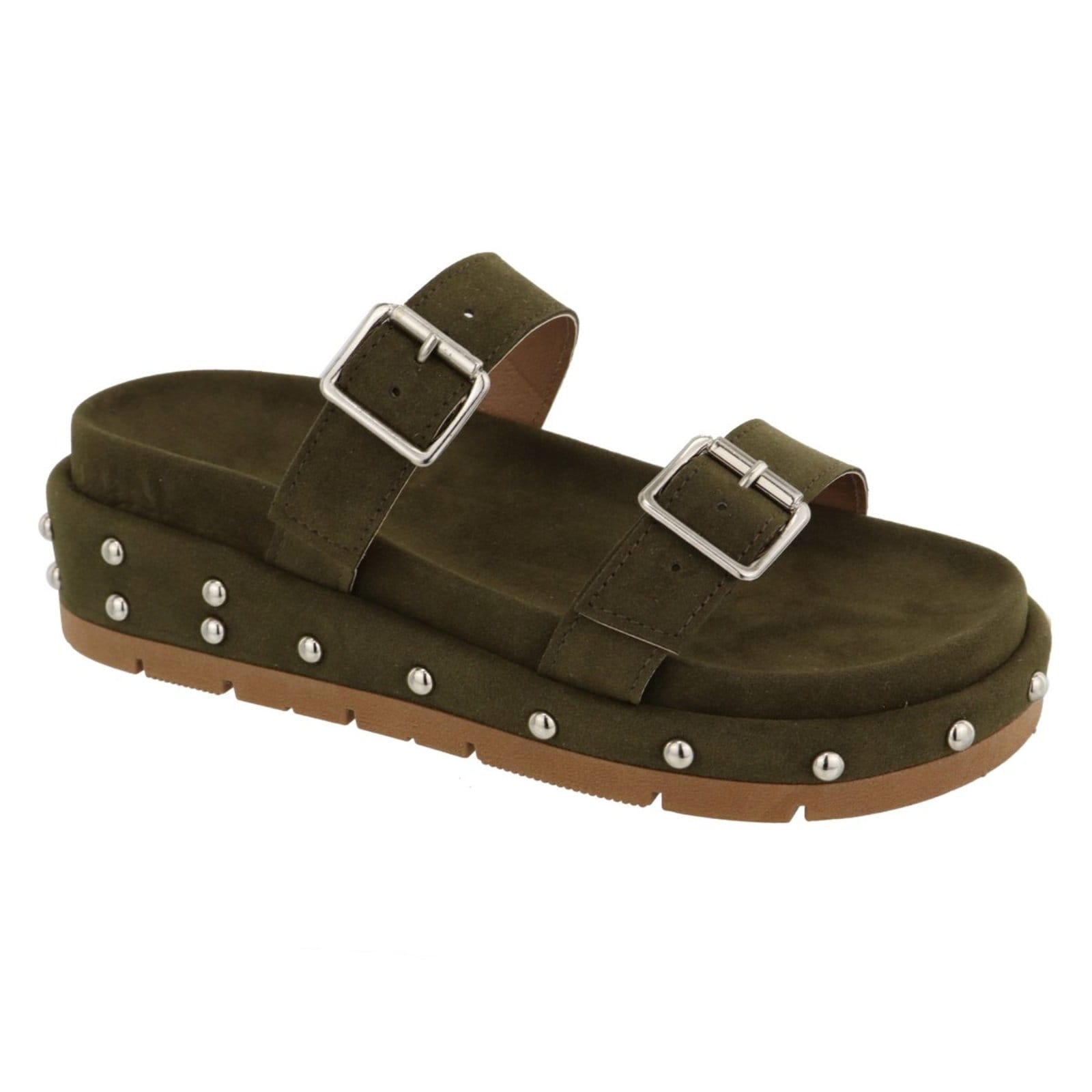 Vista principal Sandália Papete Feminina Sola Alta Fivelas Camurça Verde Musgo TELLINI STORE verde militar