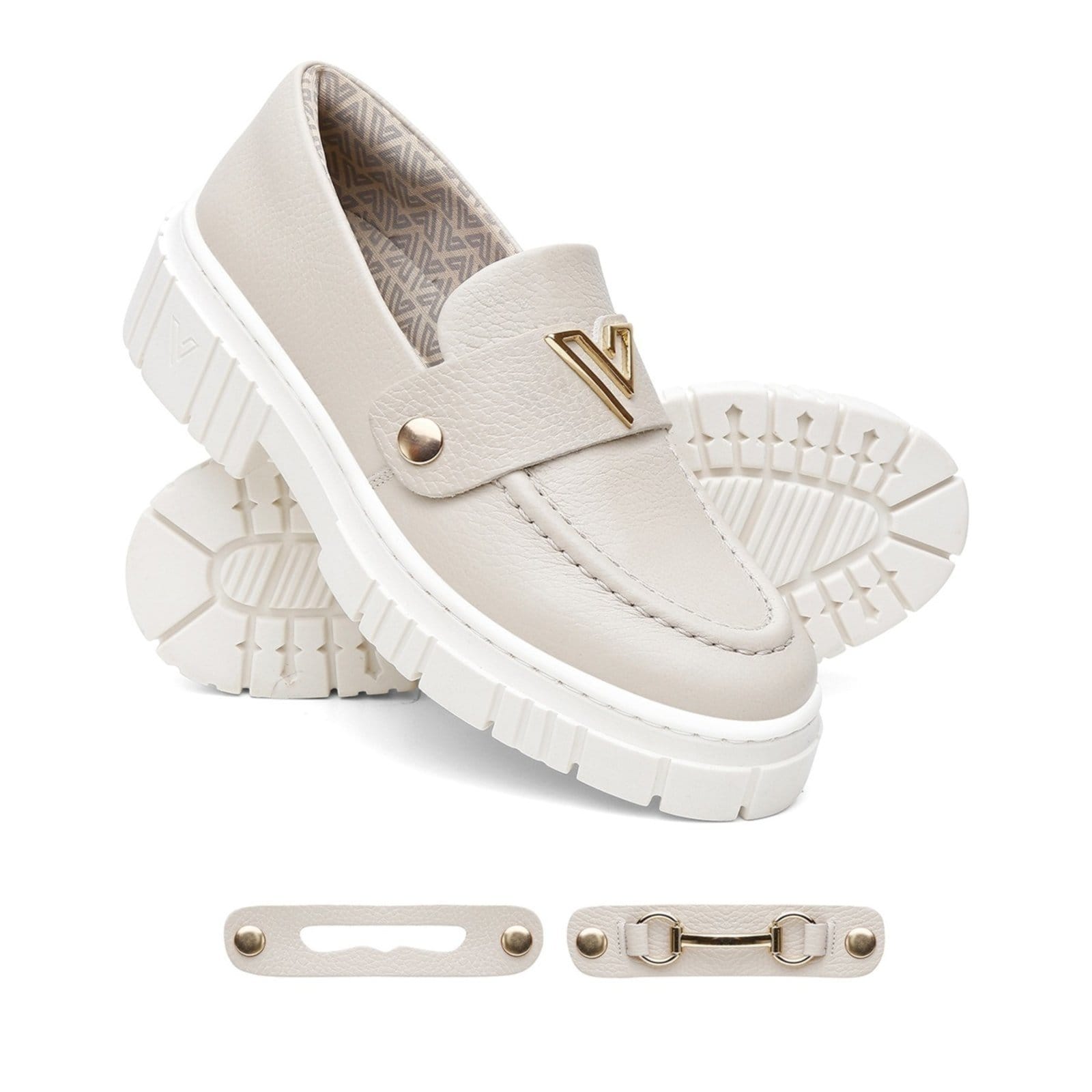 Mocassim Feminino em Couro Vittal com 3 Fivelas Removíveis Off White