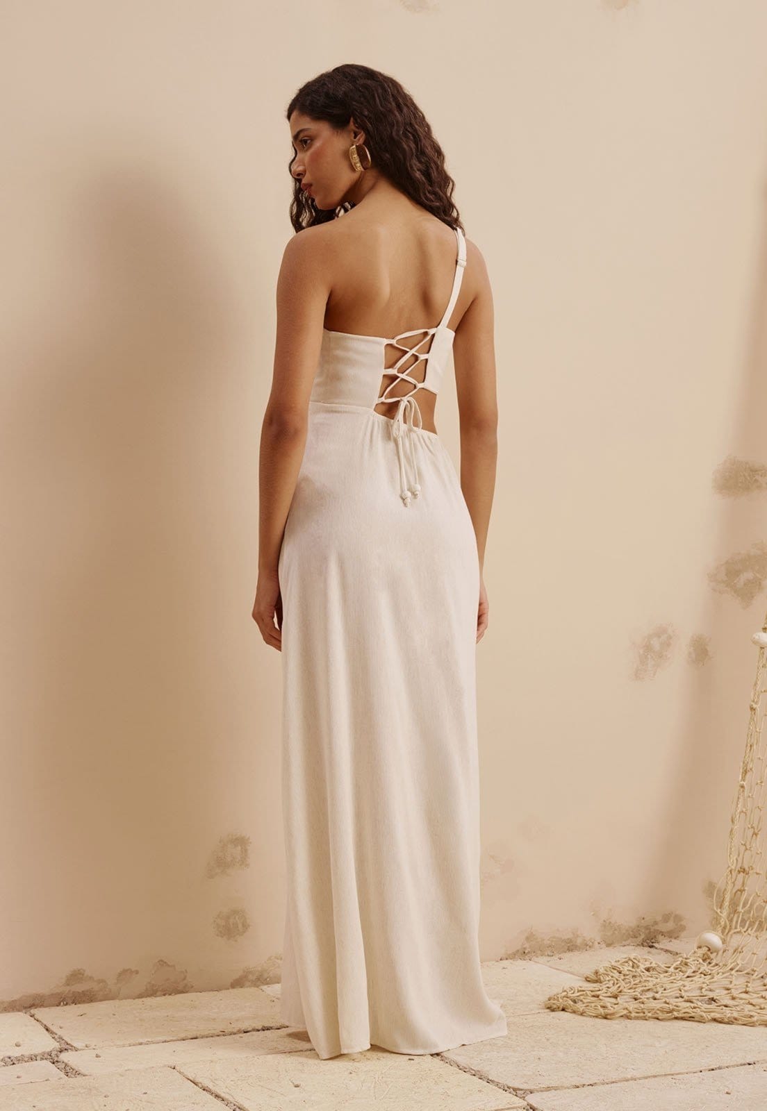 Vista 2 Vestido Fenda Alça Corrente CaCay verde oliva