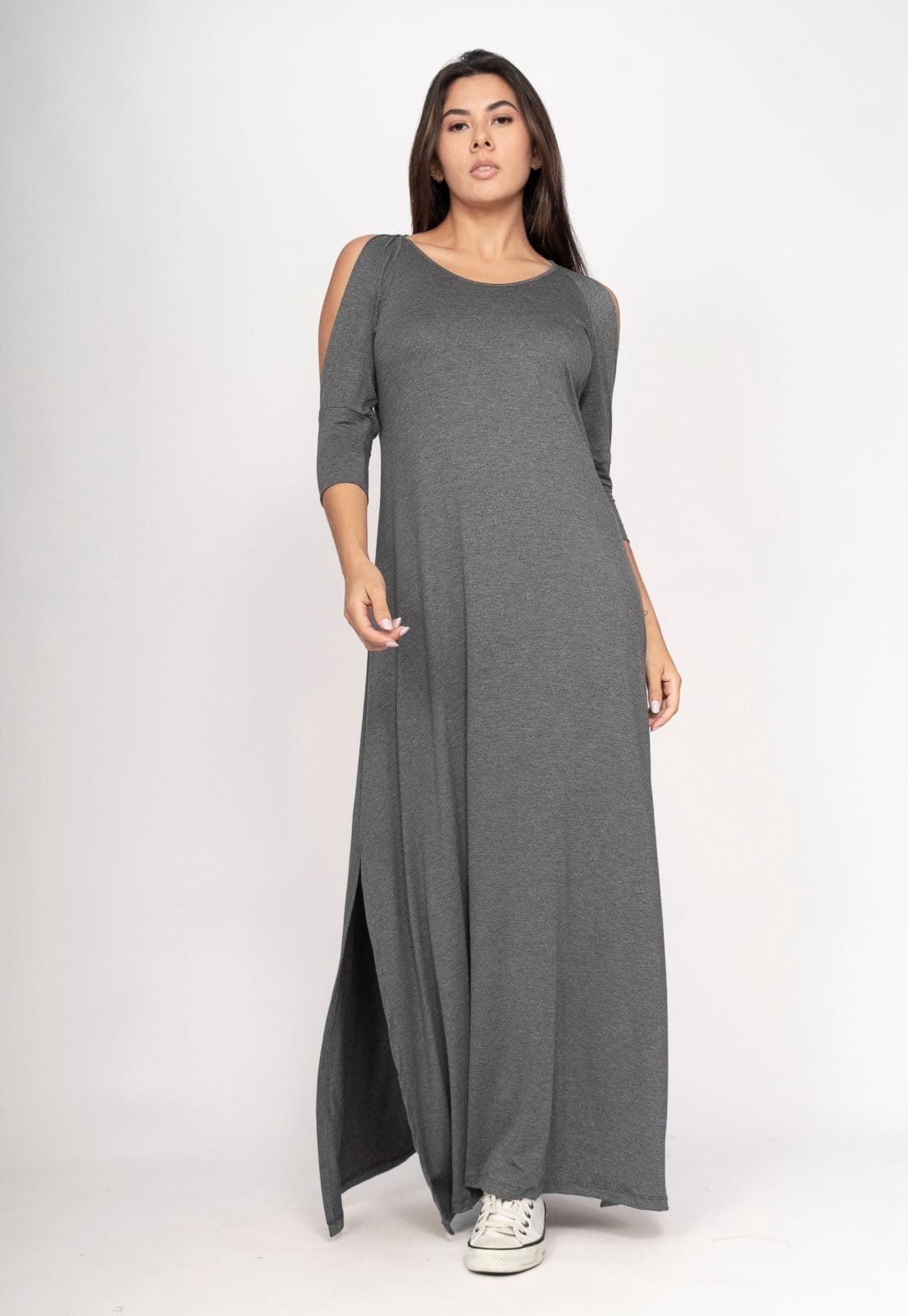 Vestido CabanaFree Boyrá Longo Malha Detalhe na Manga Mescla