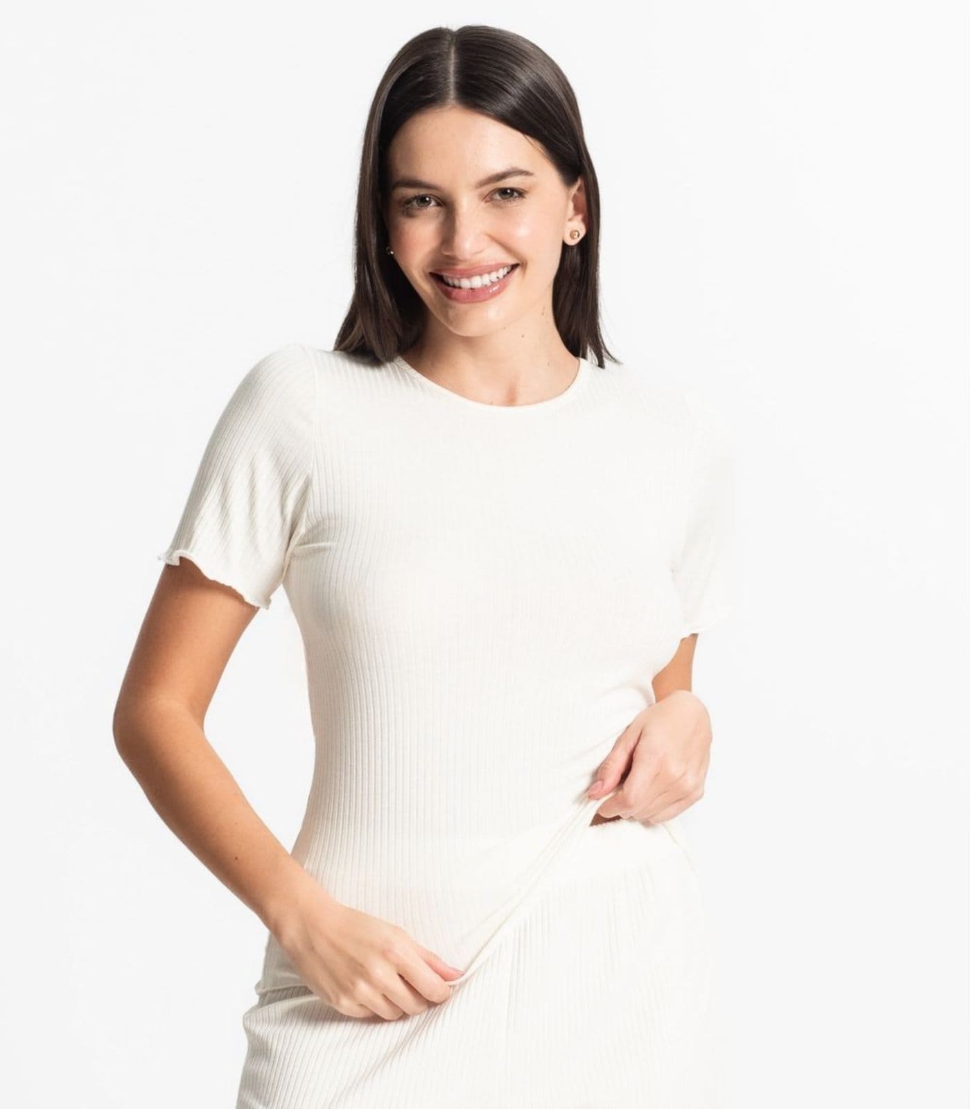 Vista 2 Pijama Feminino Canelado Select Select bege