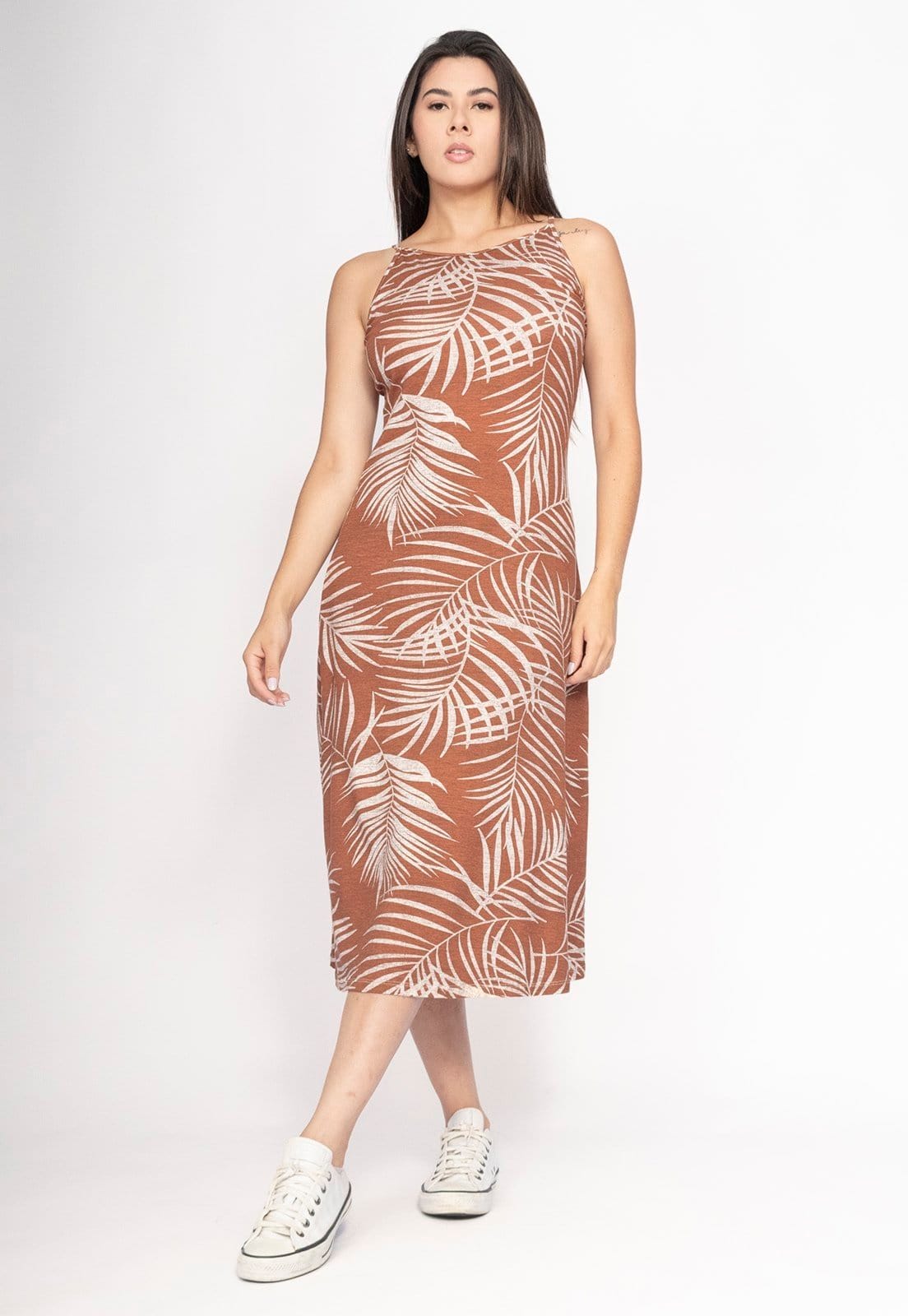 Vista principal Vestido CabanaFree Aimara Curto Trapézio Malha Palmas da Terra Cabanafree estampado