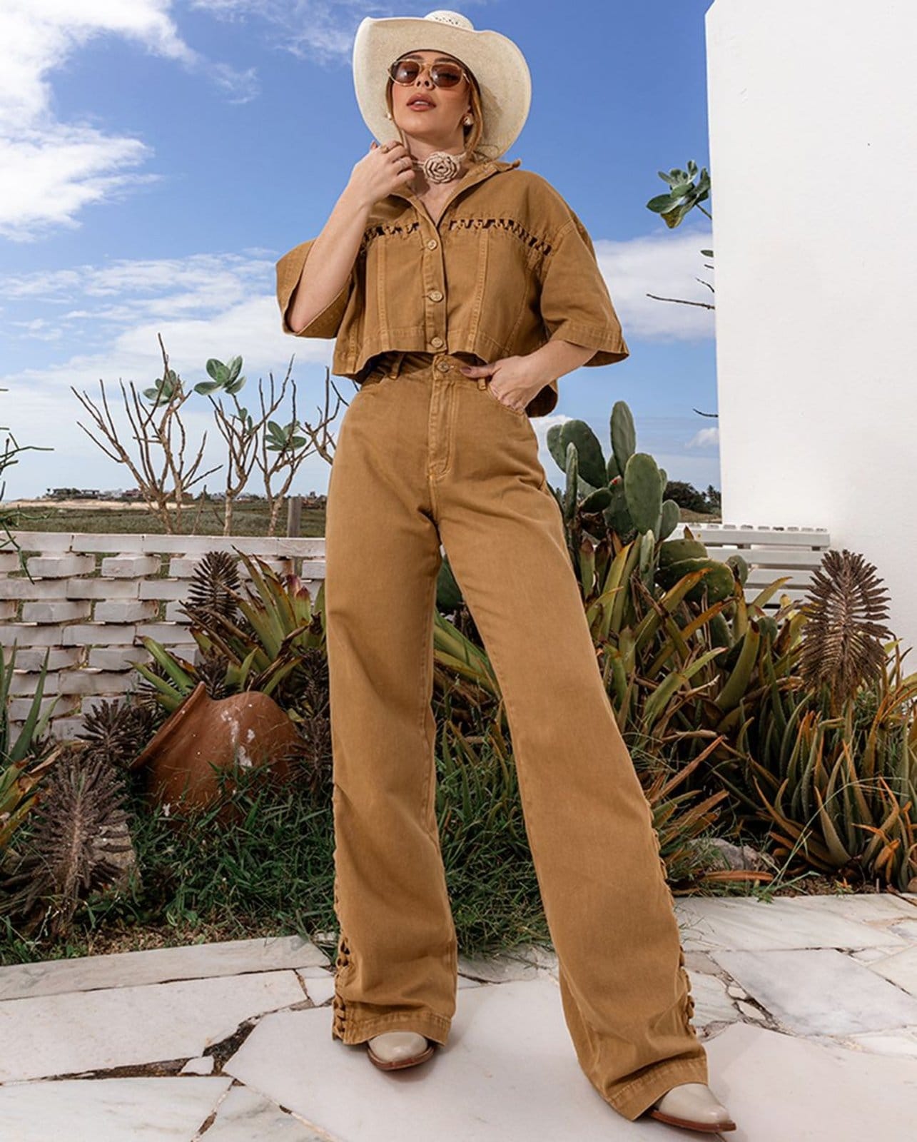 Calça Sarja Wide Leg Feminina Cintura Alta Entrelaçada Ana Castela 24304 Caqui