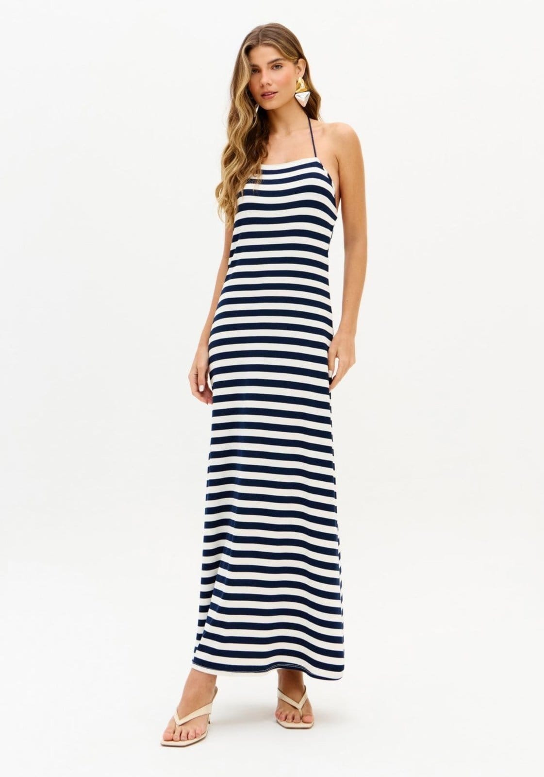 Vestido Super Midi Frente Única Listrado