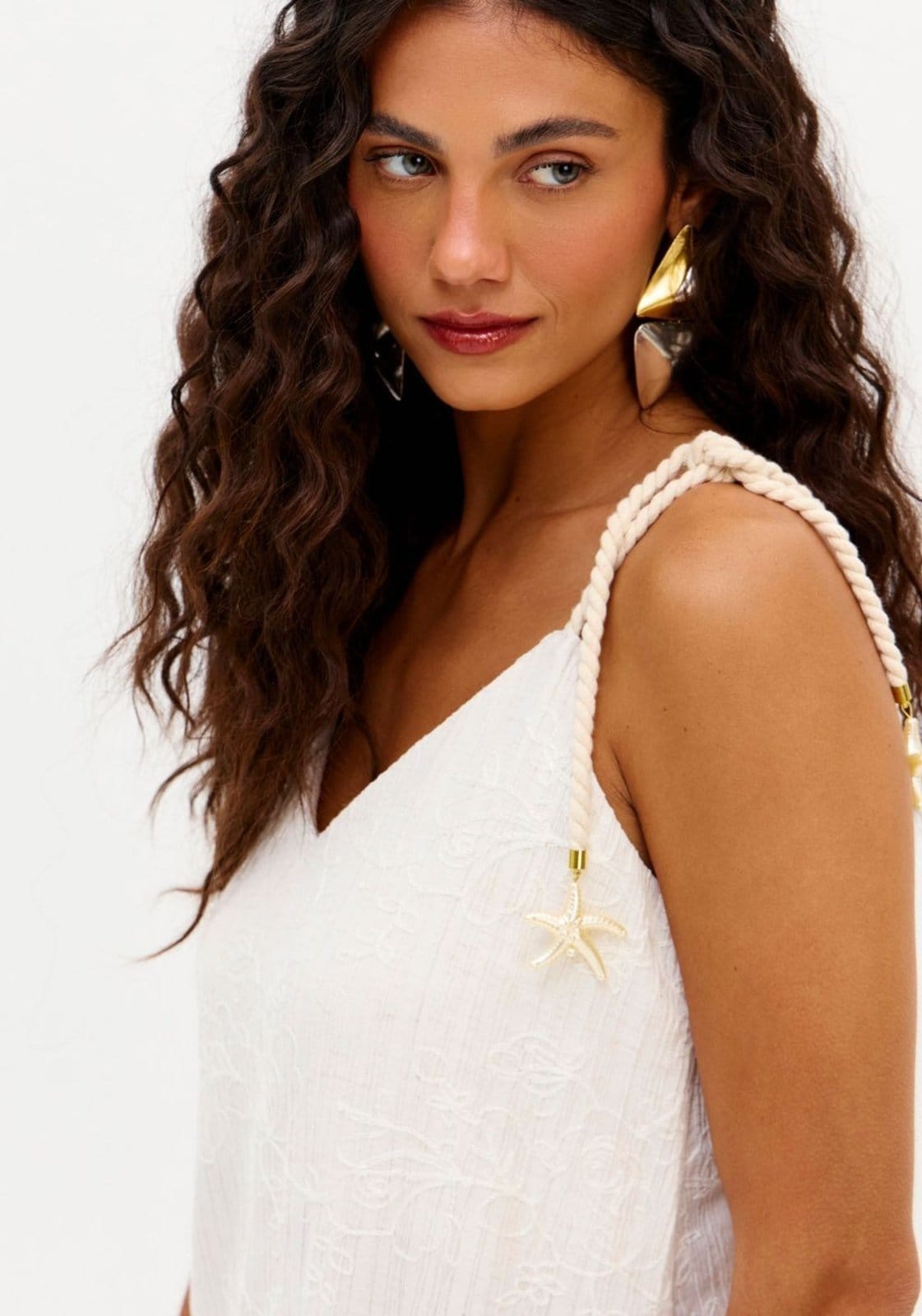 Vista 2 Vestido Curto De Alça Com Linho Bordado My Favorite Things cinza