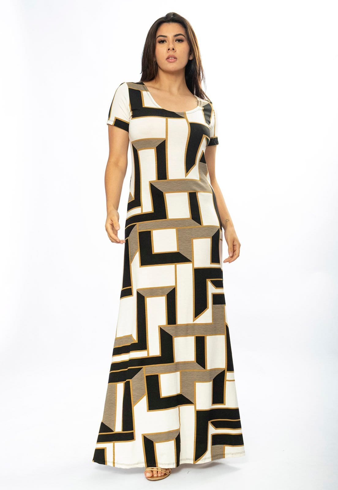 Vista 2 Vestido Longo Cabanafree Malha Gola Canoa Manga Curta Estampa Igaci Cabanafree dourado/estampado/marrom/preto