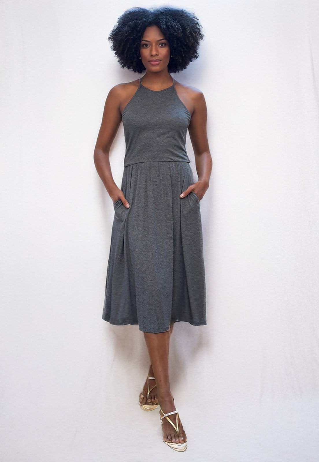 Vista principal Vestido Midi Amazonia Vital Jennifer Malha Trapézio com Bolso Mescla Amazonia Vital cinza