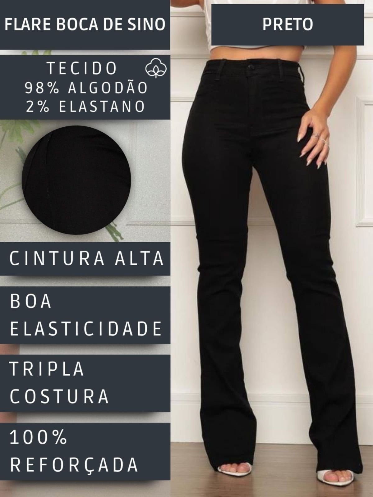 Vista 2 Calça Jeans Flare Boca de Sino Feminina Preta Cintura Alta Estilo Retro Safira Moda preto