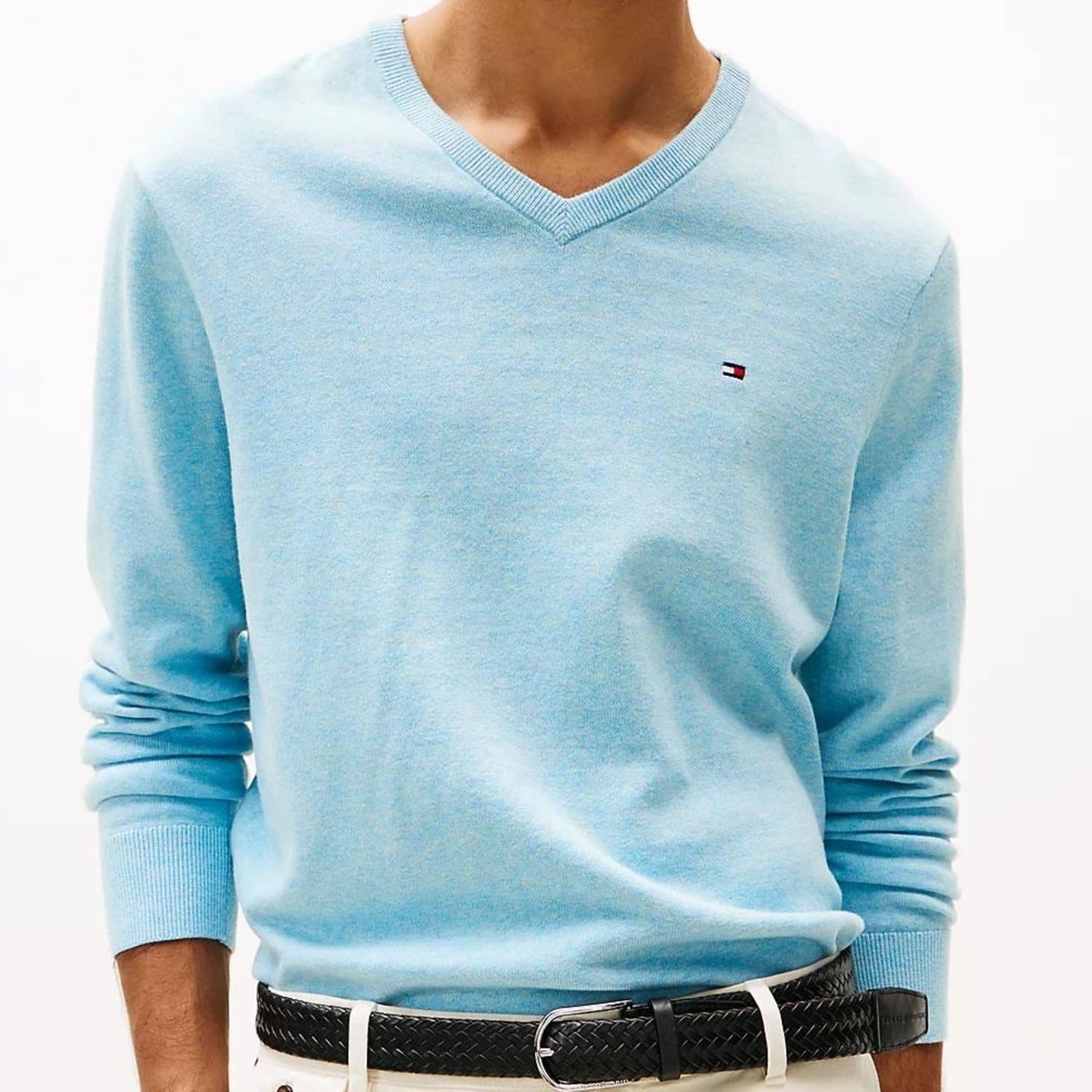 Vista 2 Suéter Tricot Tommy Hilfiger Signature Gola V Claro Tommy Hilfiger azul