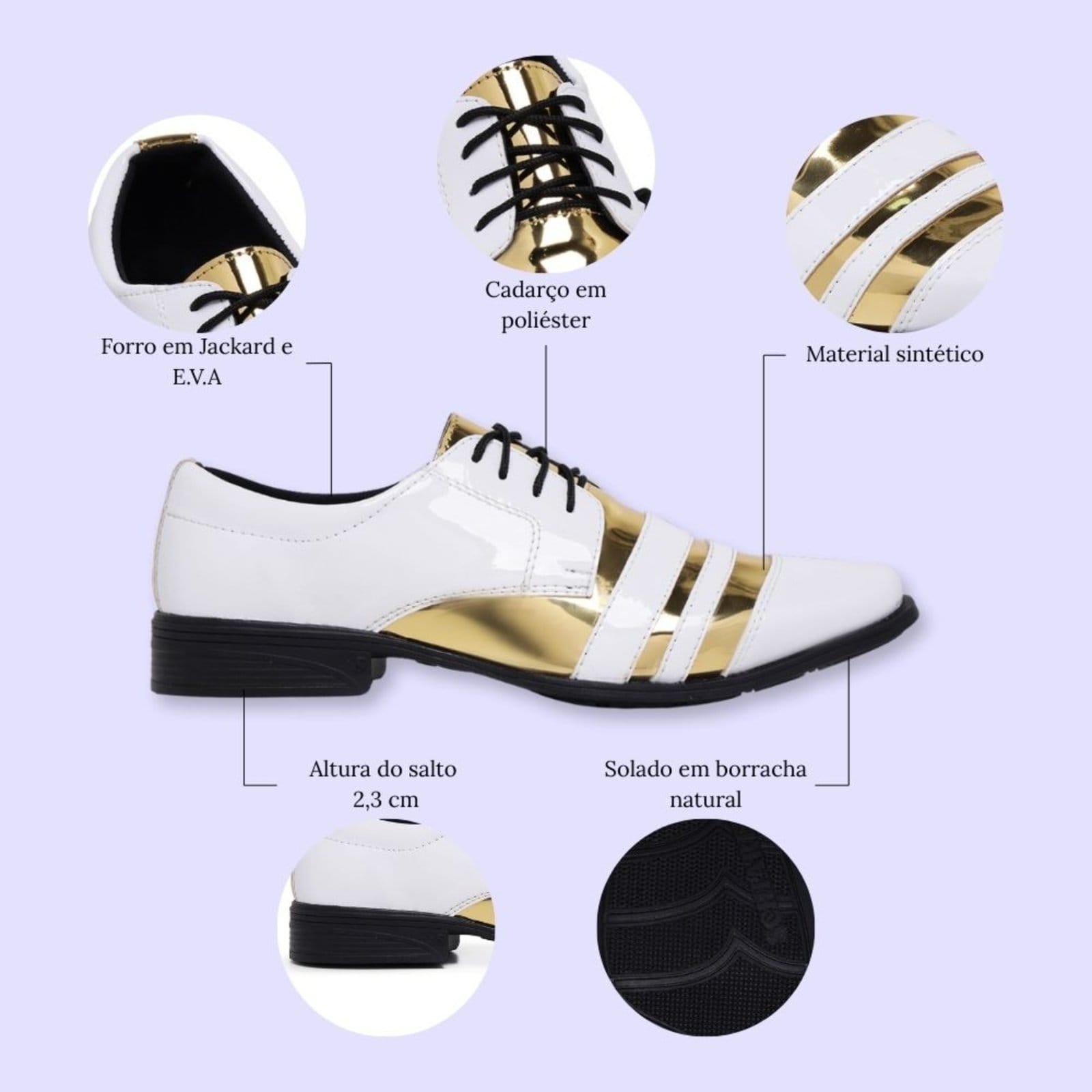 Vista 2 Sapato Social Masculino Verniz Sem Cadarços Festa Casamento Noivado Schiareli 840 Com Dourado Schiareli branco