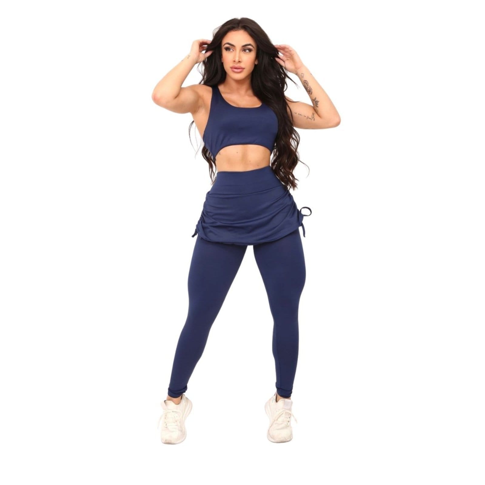 Conjunto Feminino Vih Triny Top e Legging Saia Repuxada Moda Fitness Marinho