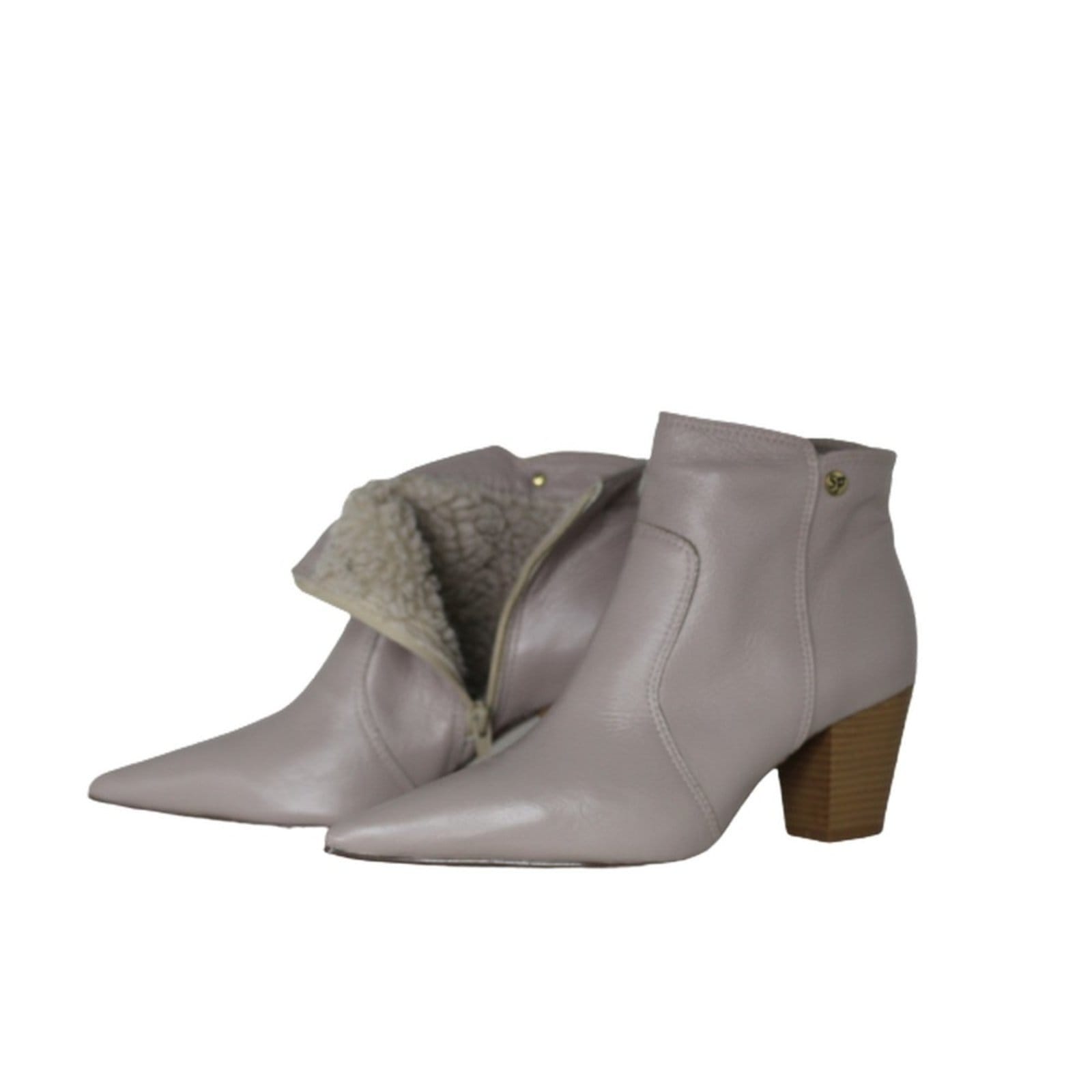 Bota Feminina em Lã Sintética Bico Fino Cano Curto Couro Salto 6 CM