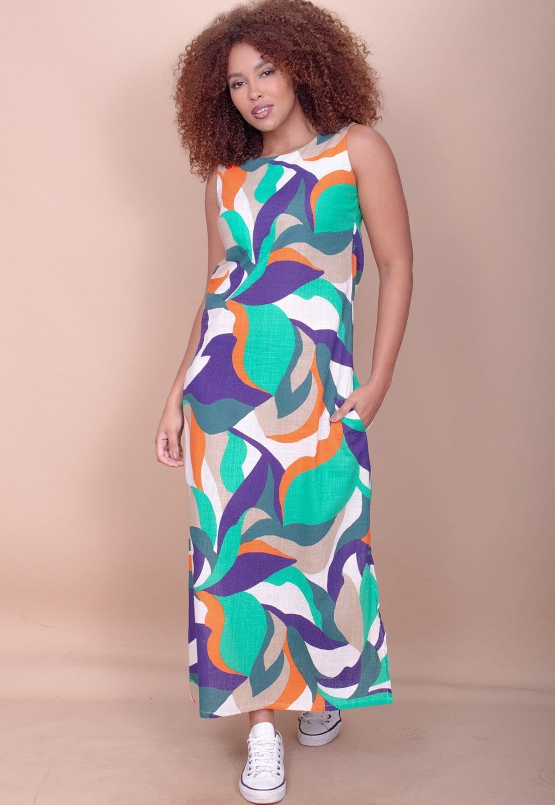 Vista 2 Vestido Longo Cabanafree Plano com Bolso Estampa Brisa do Mar Cabanafree azul/estampado/laranja