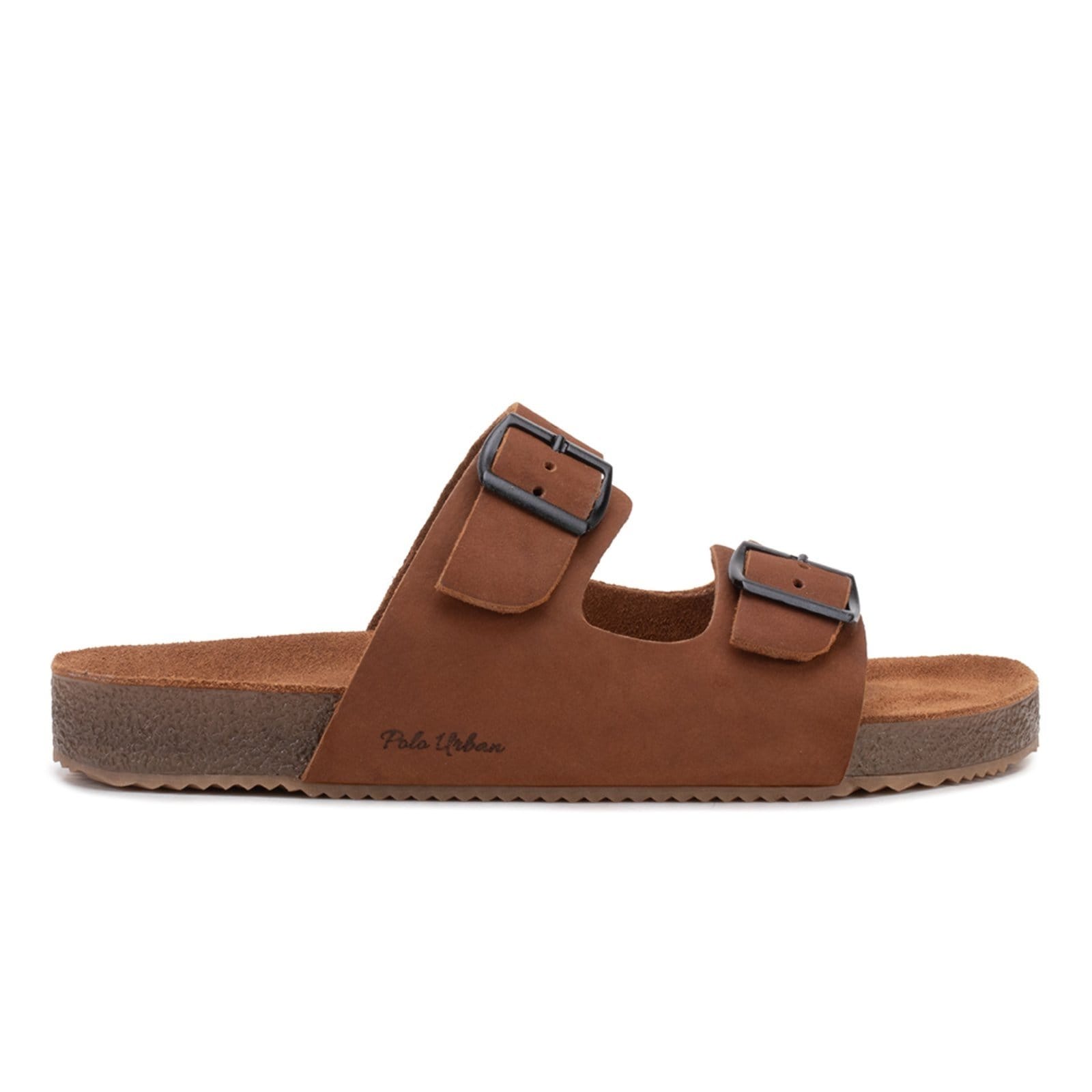 Vista 2 Chinelo Slide Masculino Fivela Ajustável em Couro Nobre Castor POLO URBAN caramelo
