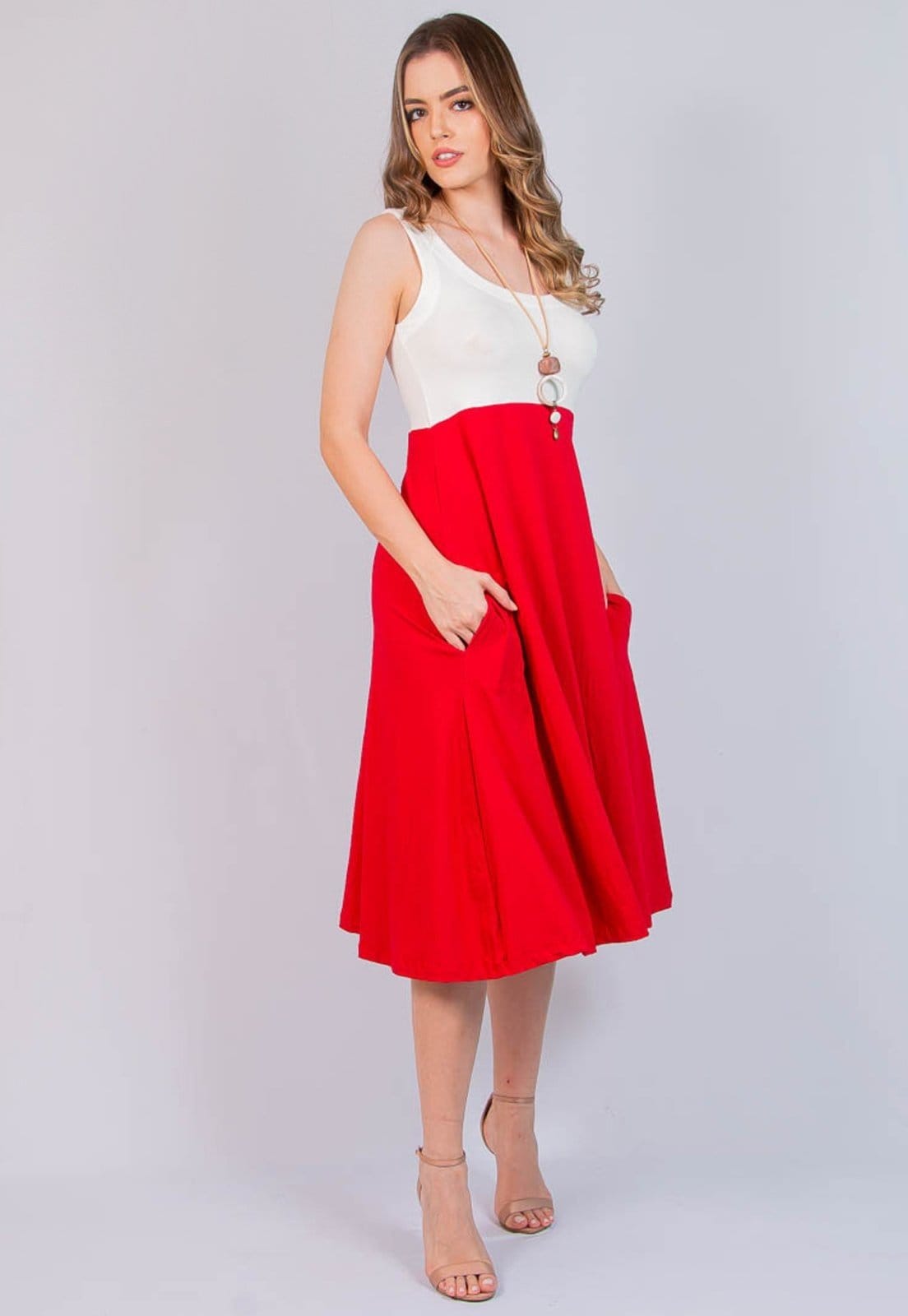 Vista principal Vestido Viscolycra Maria Paes Midi Vermelho e Off White Maria Paes off-white white