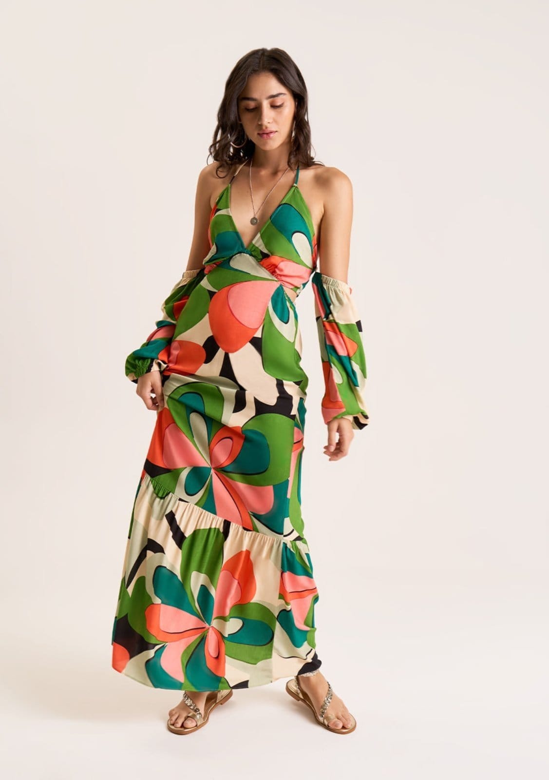 Vestido Zinco Longo Decote V Com Amarração