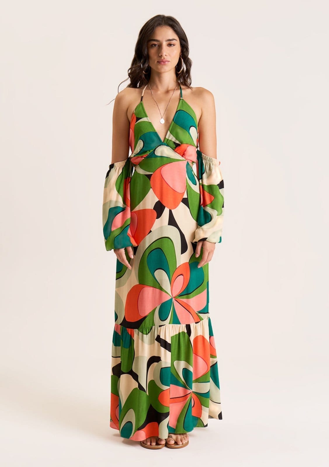 Vista 2 Vestido Zinco Longo Decote V Com Amarração Zinco verde