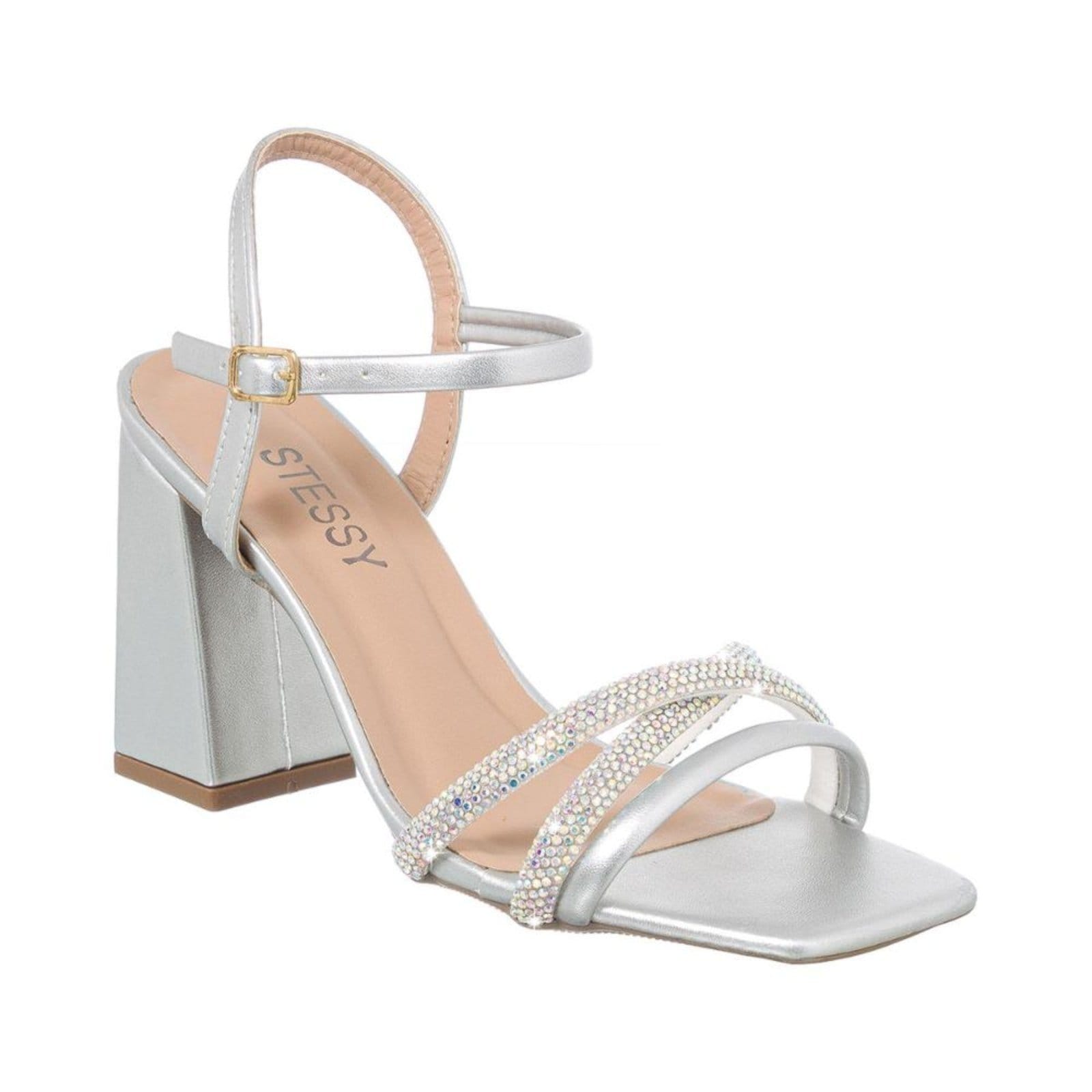 Sandália Feminina Brilho Strass Salto Alto Bloco Tiras Metalizada