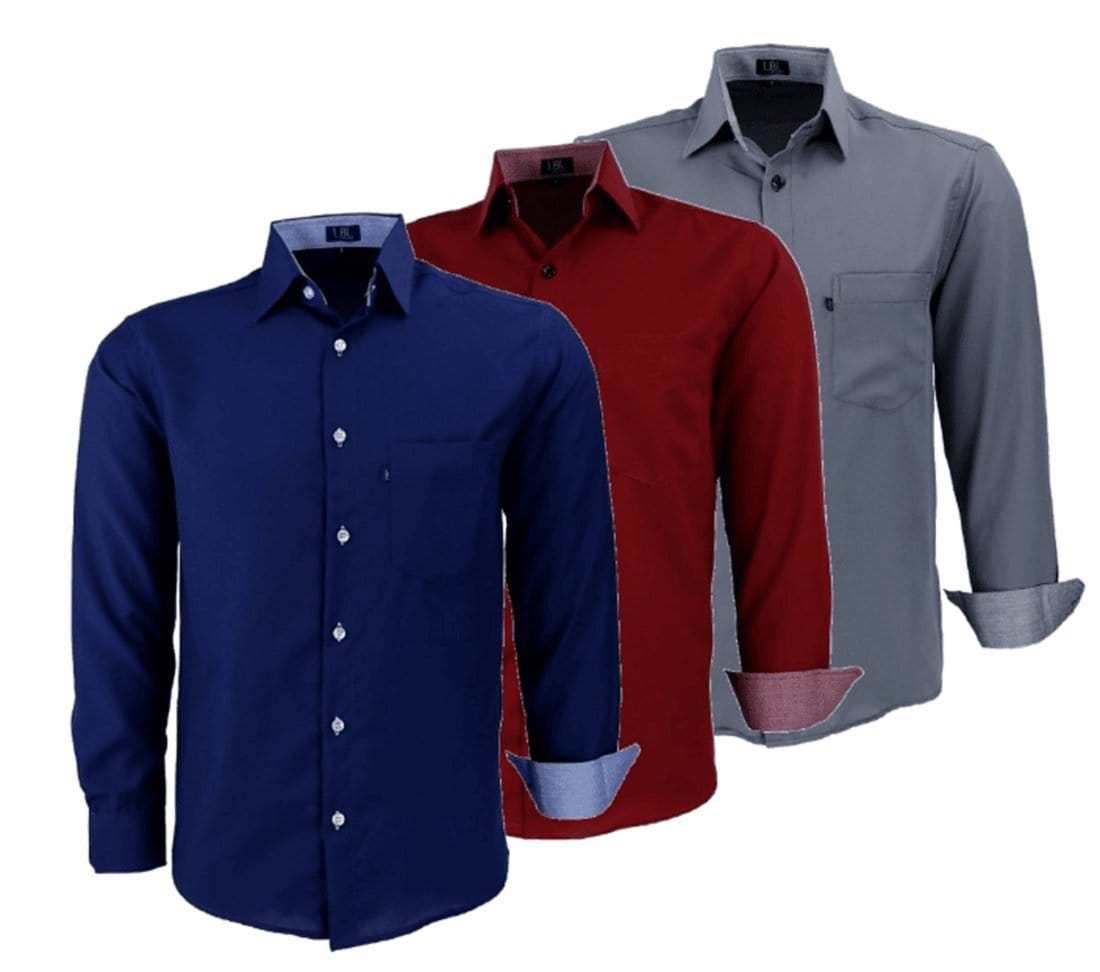 Kit 3 Camisas Sociais Microleve LBL Poliéster Com Bolso Macia Não amassa Manga Longa