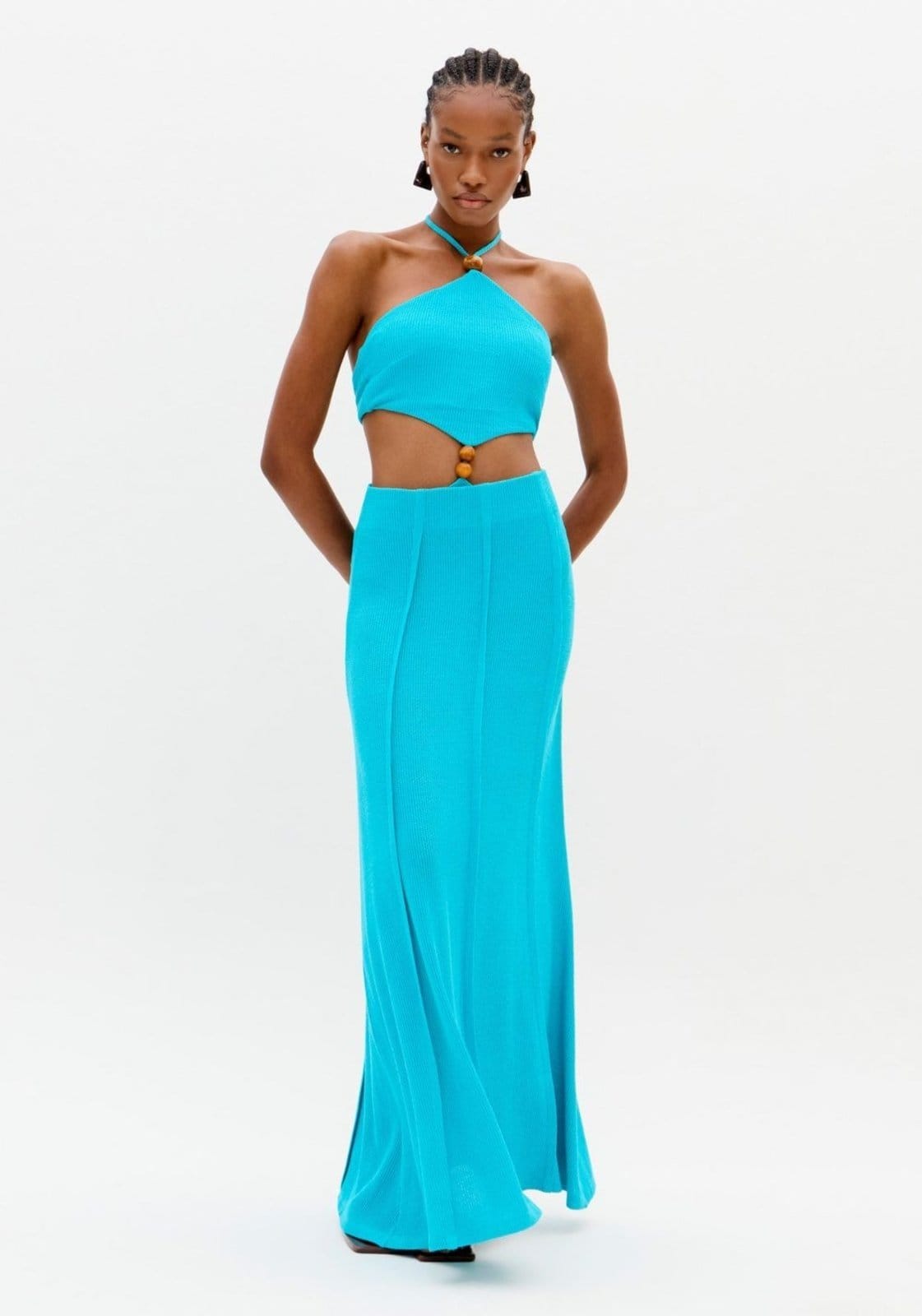 Vista principal Saia Longa Evasê Com Cintura Alta Lança Perfume azul