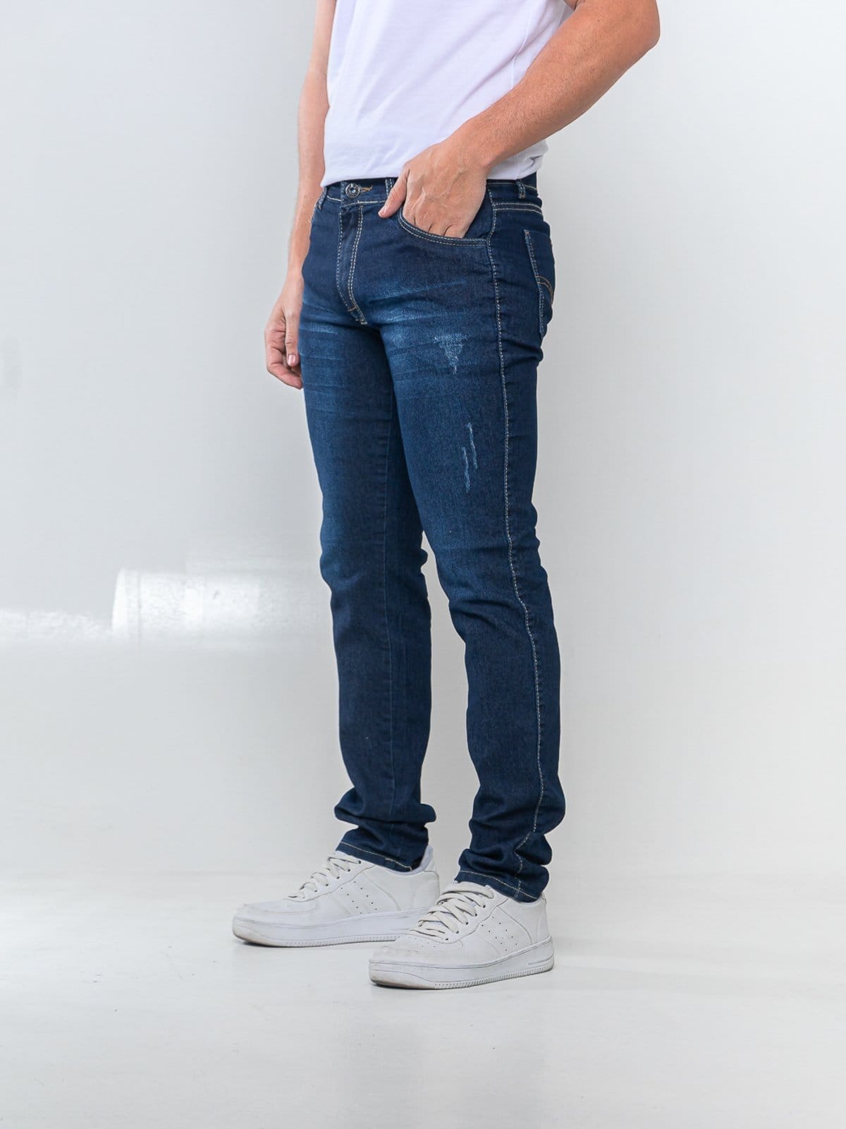 Calça Jeans Escura Com Puidos Basica 5 Estilos Confortavel com Elastano