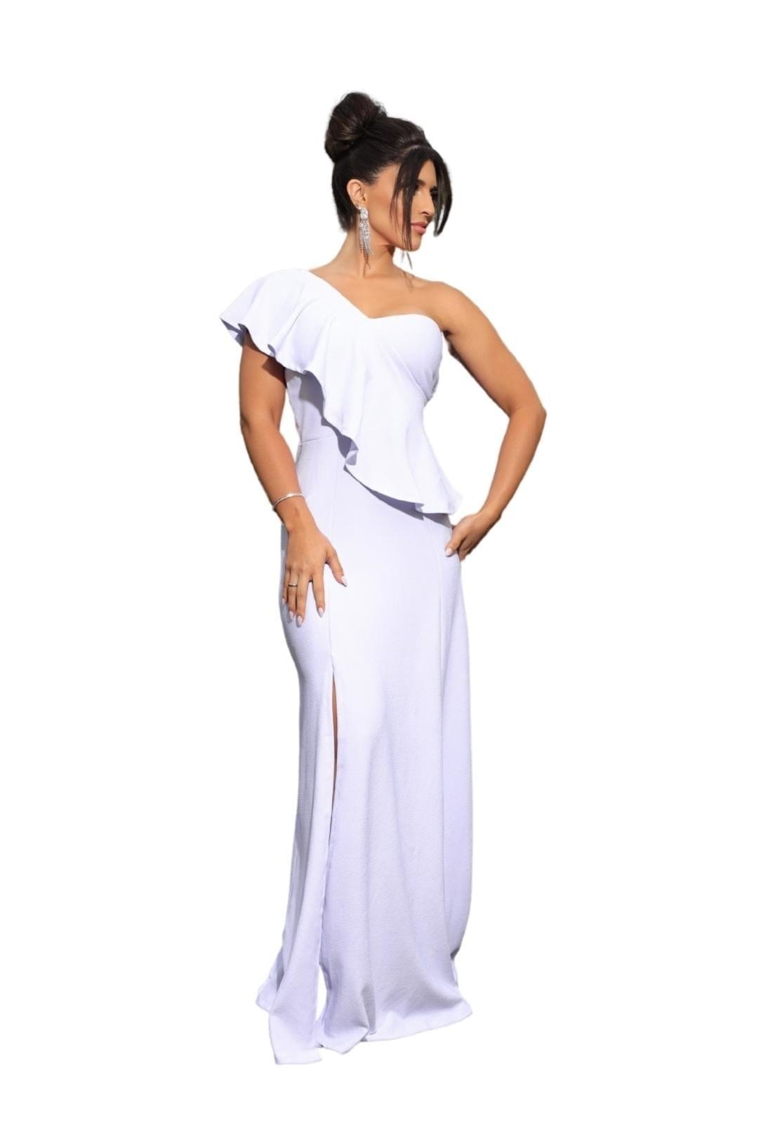 Vista principal Vestido Longo de Festa Noivas Noivado Ano Novo Réveillon Babados Crepe Anastácia Cia do Vestido branco